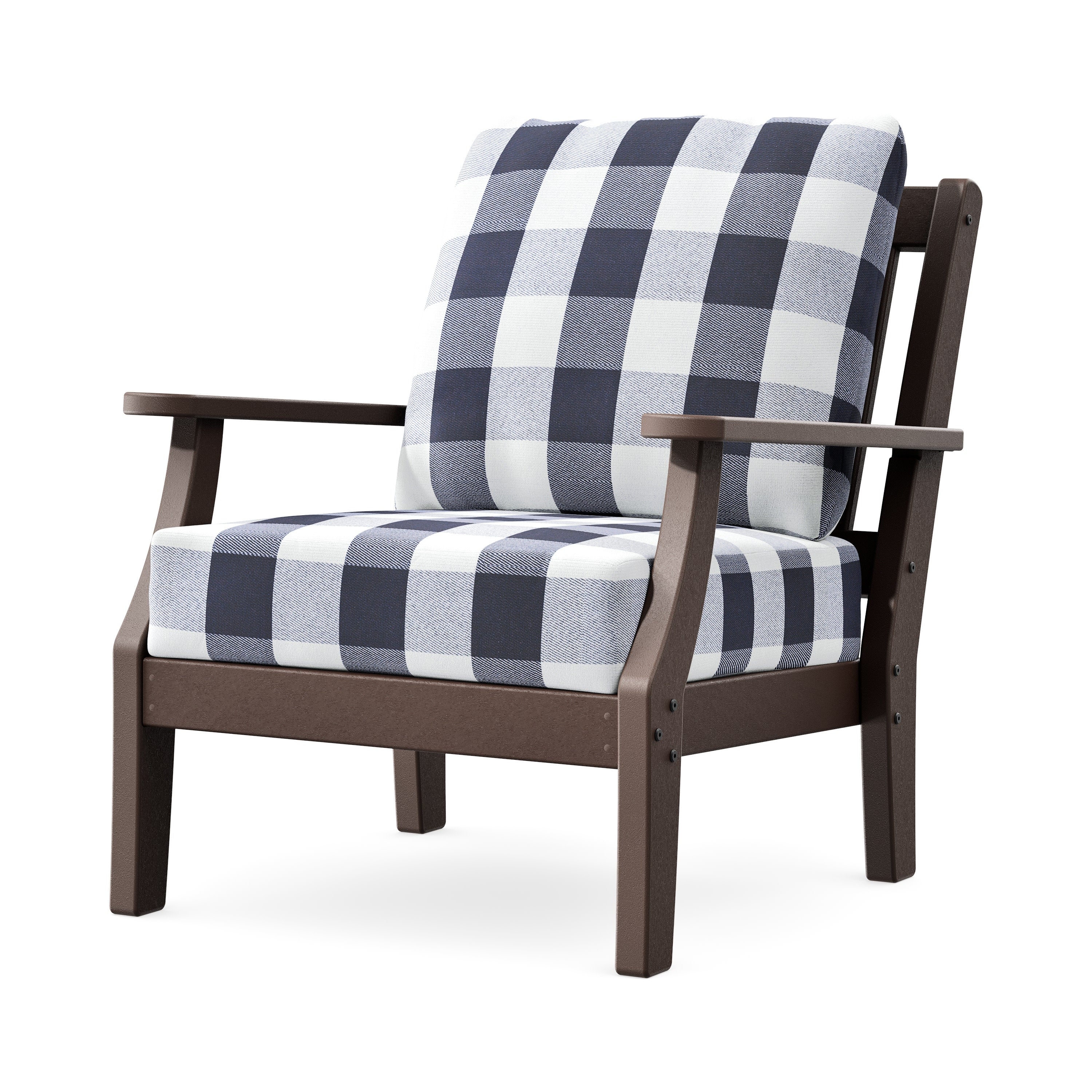 Chinoiserie Deep Seating Chair in Mahogany / Buffalo Plaid Navy