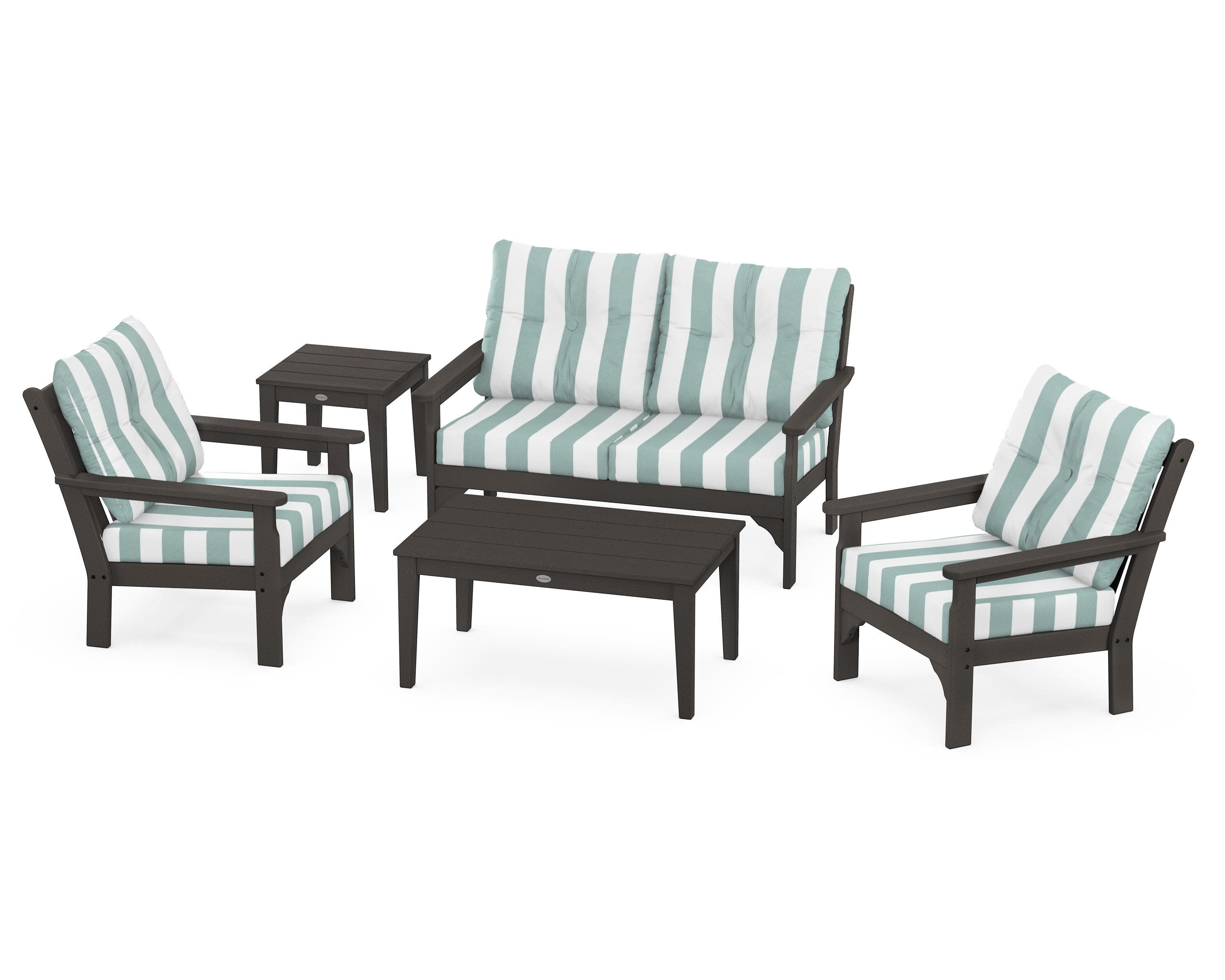 Vineyard 5-Piece Deep Seating Set in Vintage Coffee / Cabana Stripe Glacier Spa