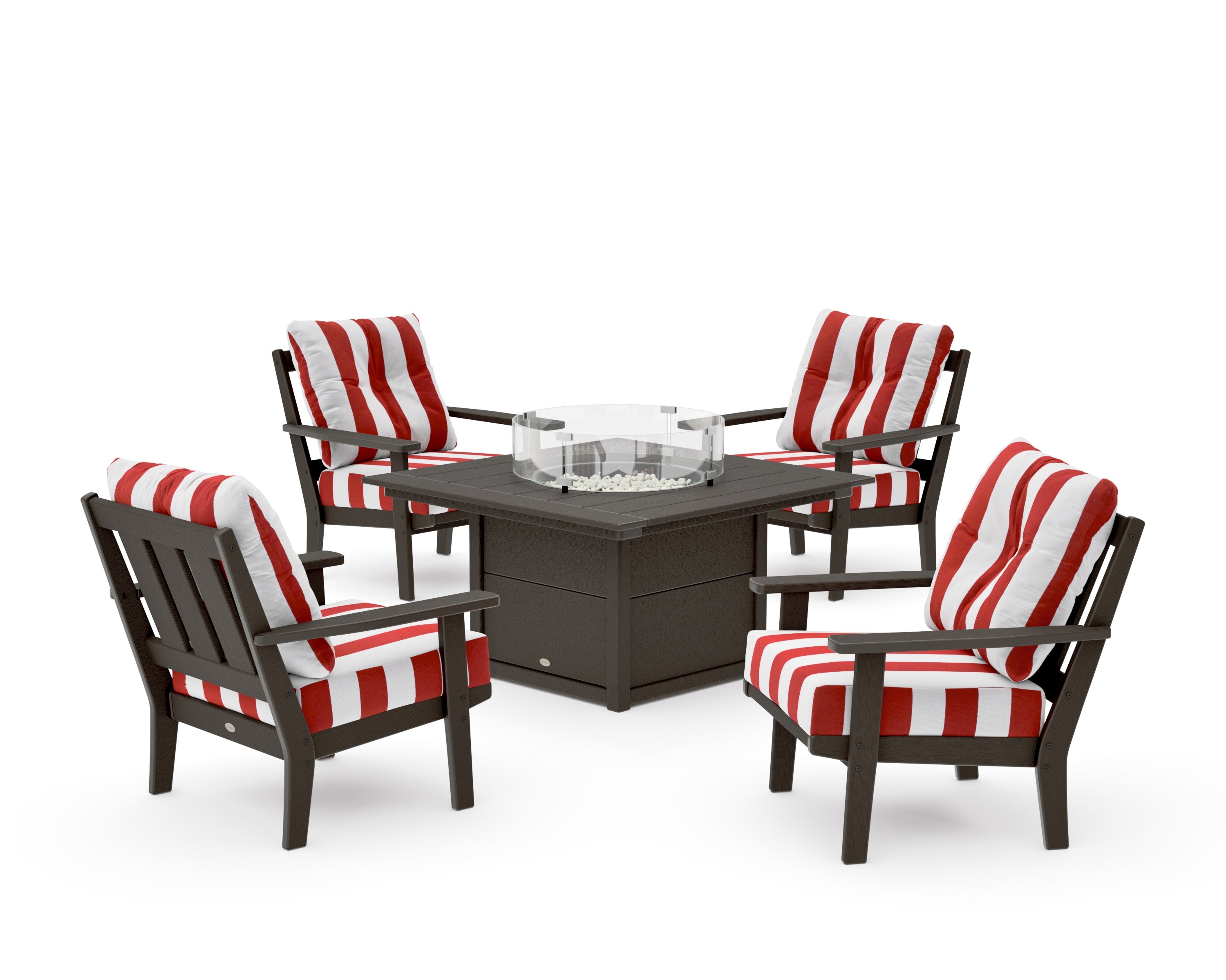 Oxford 5-Piece Deep Seating Set with Fire Pit Table in Vintage Coffee / Cabana Stripe Crimson