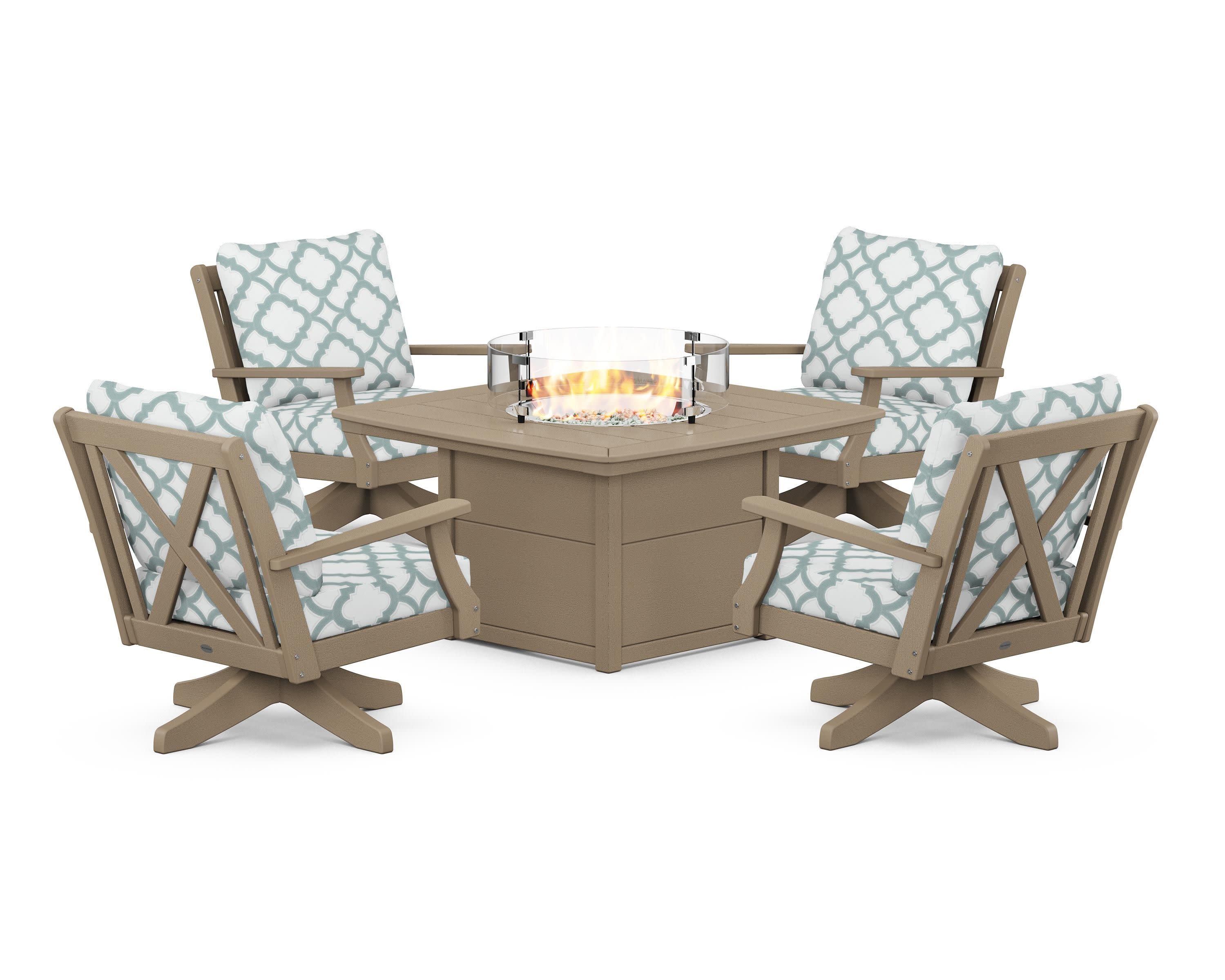 Braxton 5-Piece Deep Seating Swivel Conversation Set with Fire Pit Table in Vintage Sahara / Trellis Glacier Spa