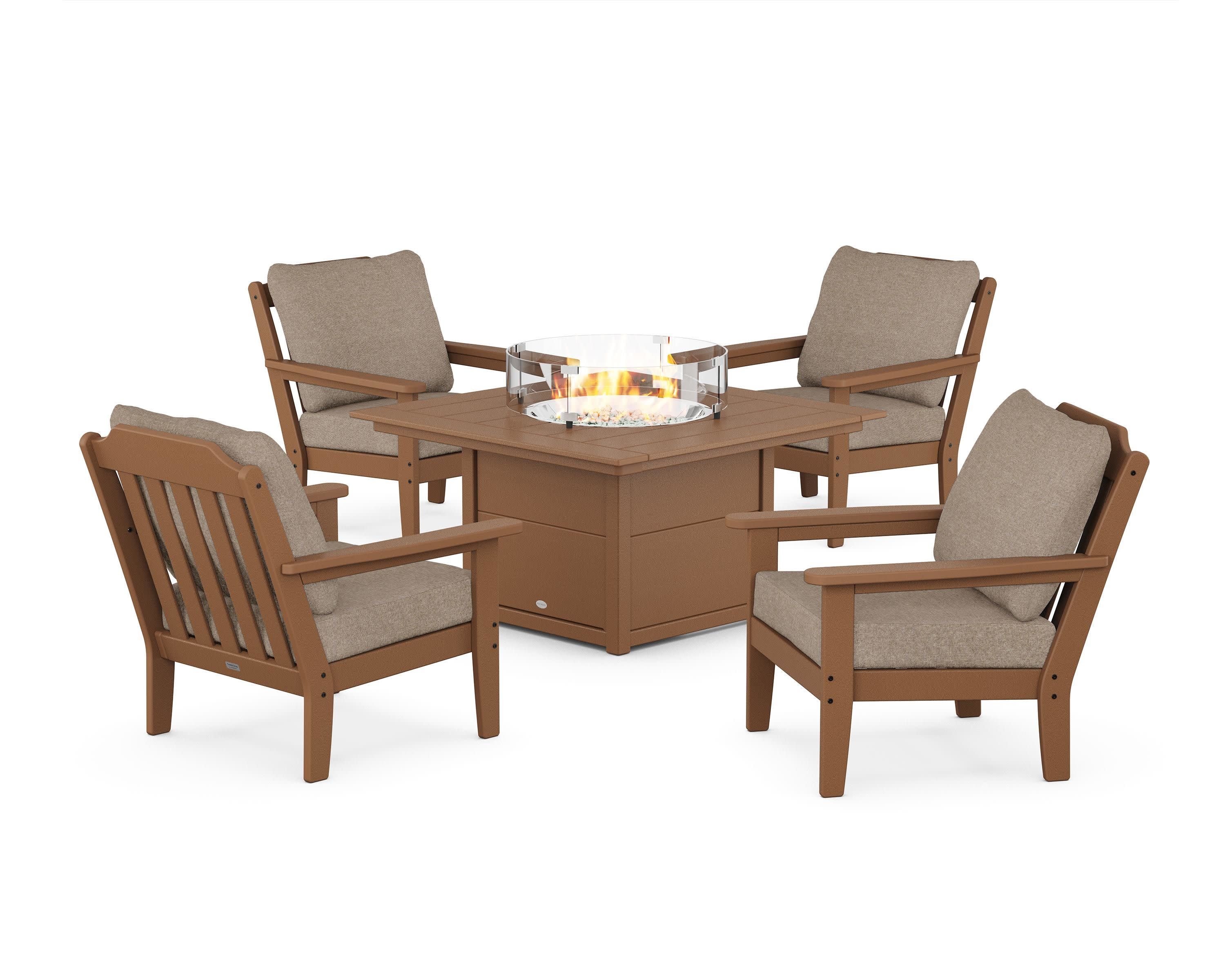 Cottage 5-Piece Deep Seating Set with Fire Pit Table in Teak / Spiced Burlap