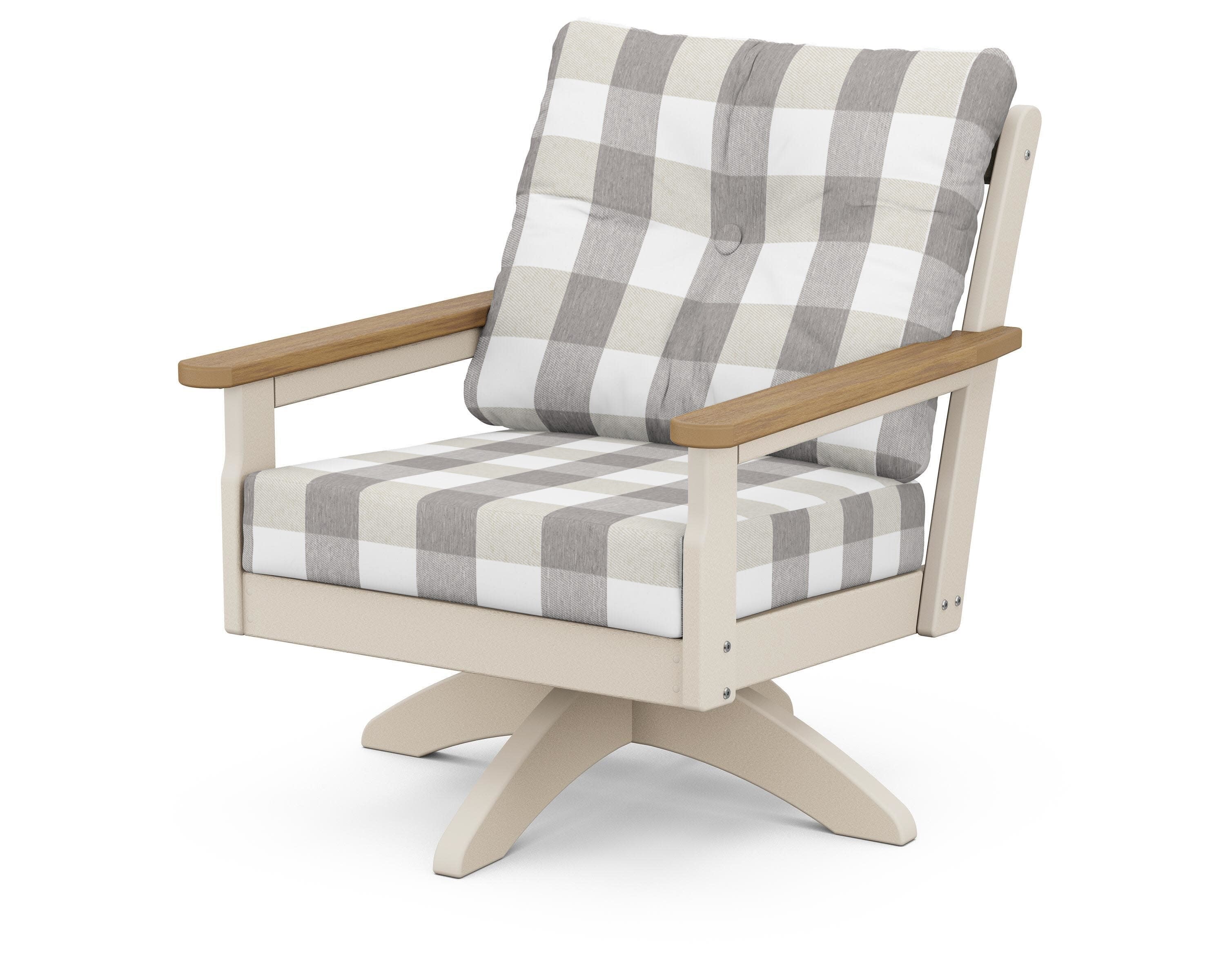 Vineyard Deep Seating Swivel Chair in Sand / Natural / Buffalo Plaid Grey Mist