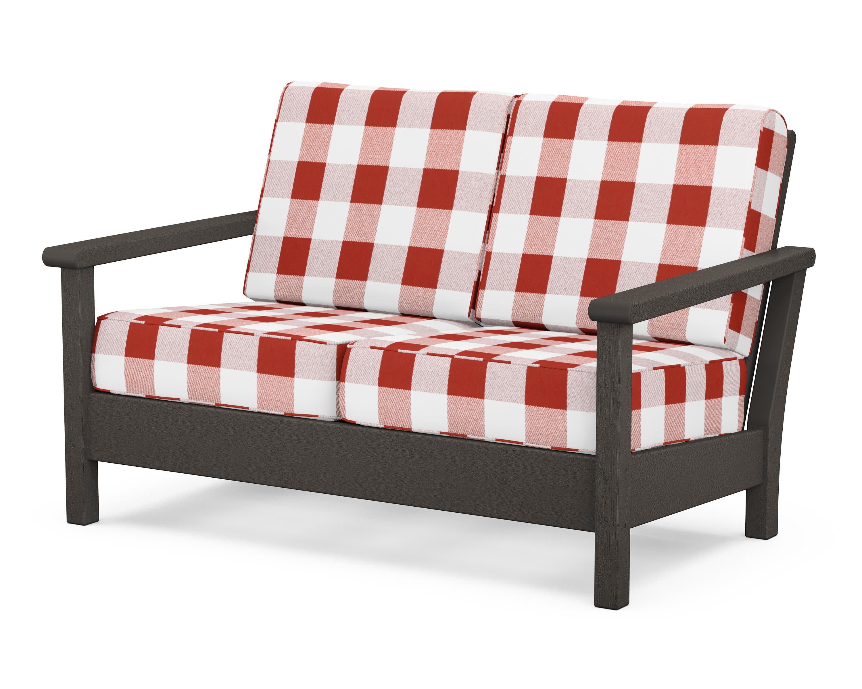 Harbour Deep Seating Loveseat in Vintage Coffee / Buffalo Plaid Crimson