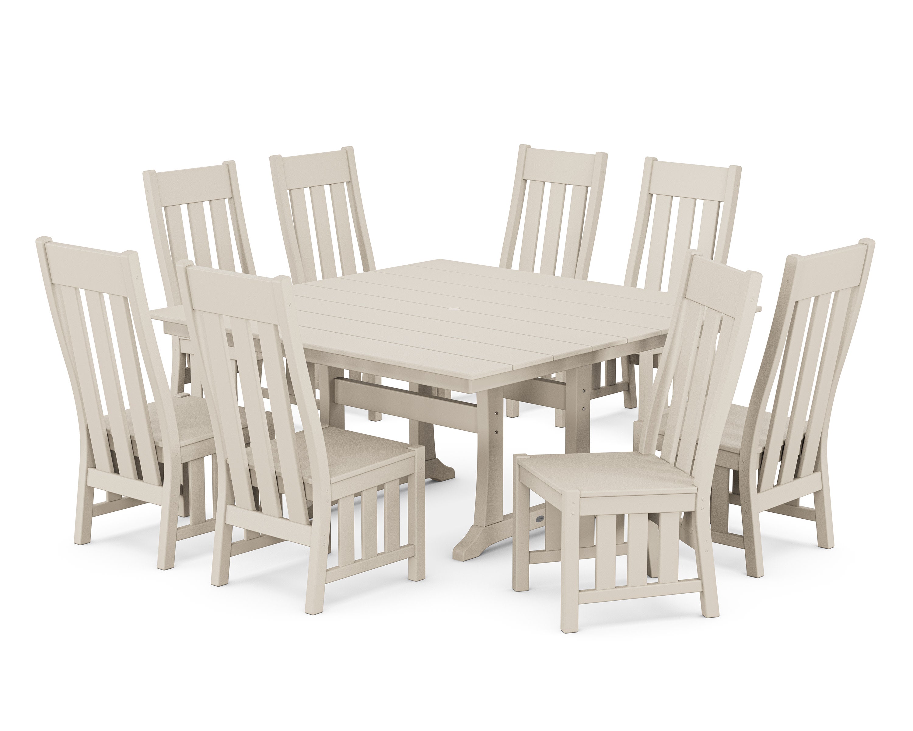 Acadia Side Chair 9-Piece Square Farmhouse Dining Set with Trestle Legs in Sand