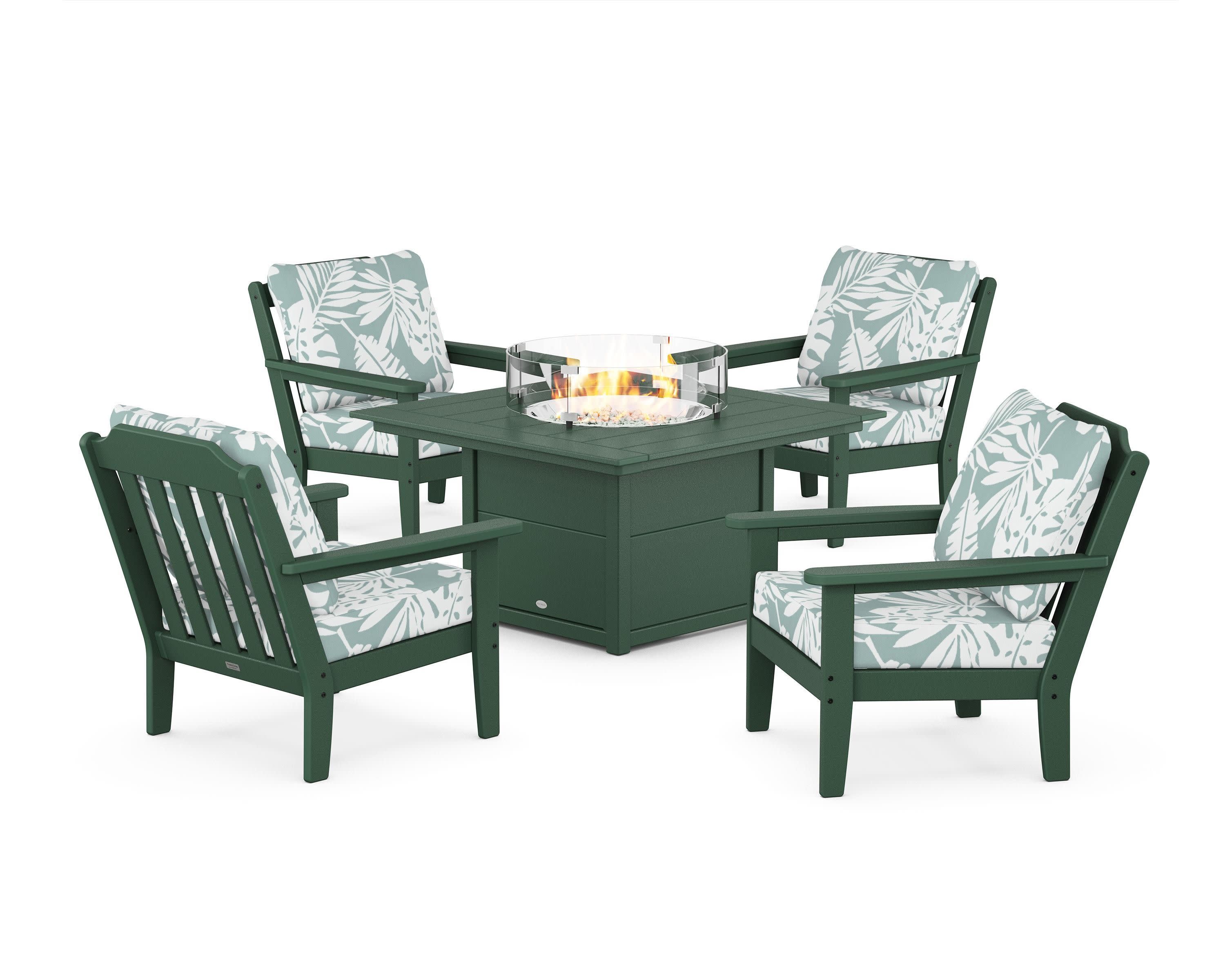 Cottage 5-Piece Deep Seating Set with Fire Pit Table in Green / Leaf Glacier Spa