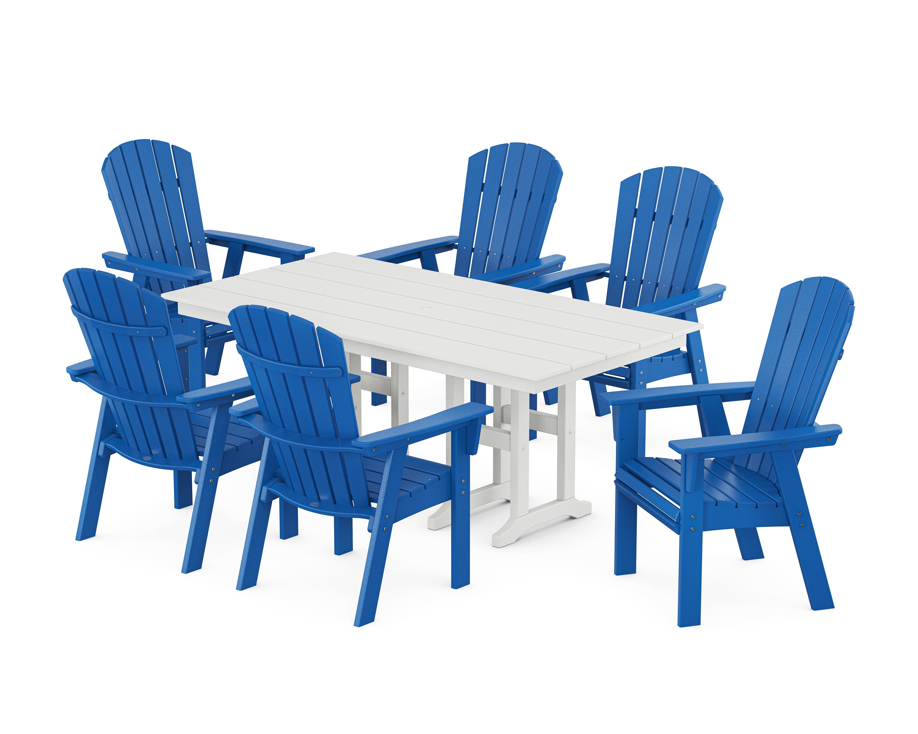 Nautical Curveback Adirondack 7-Piece Farmhouse Dining Set in Pacific Blue / White