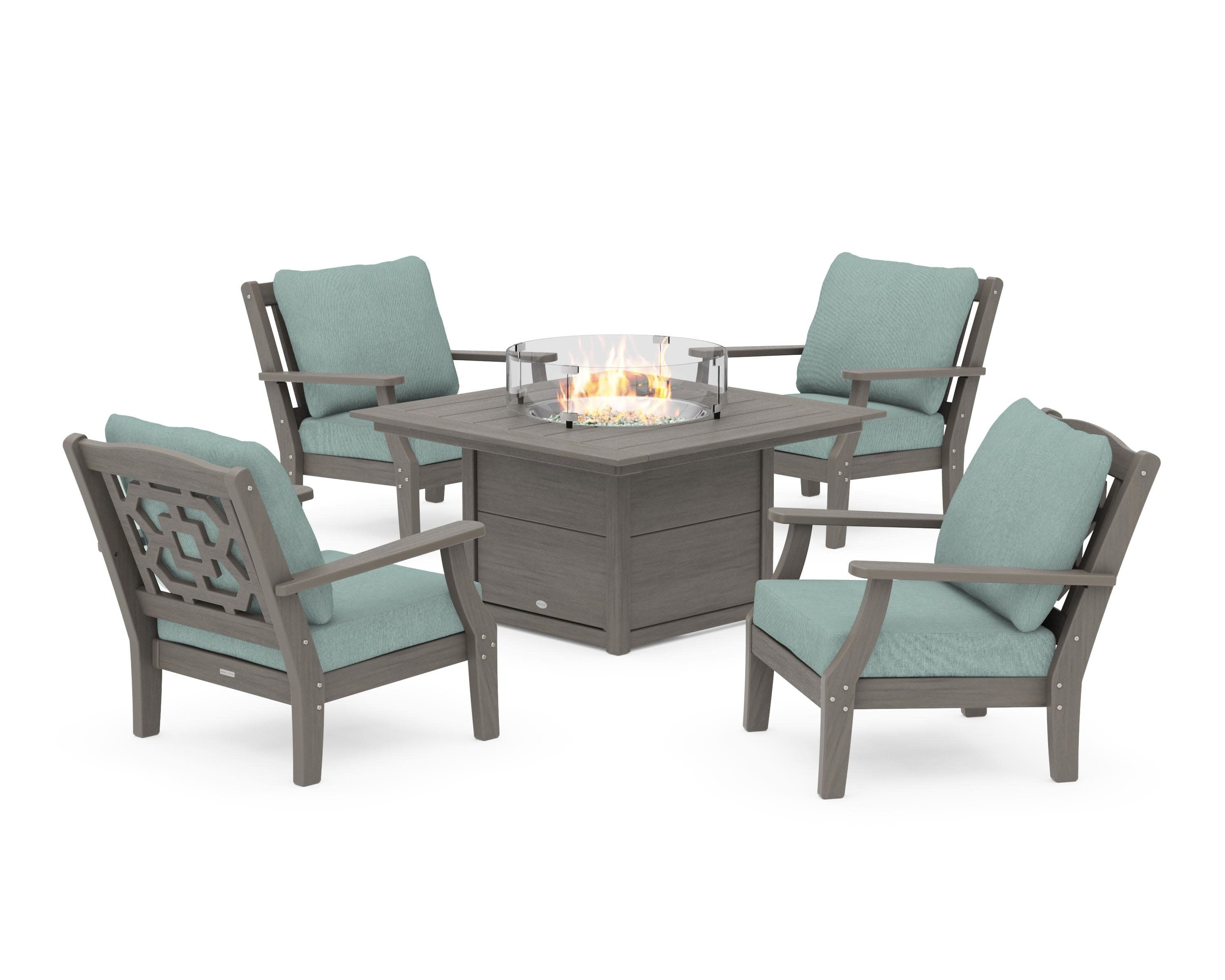 Chinoiserie 5-Piece Deep Seating Set with Fire Pit Table in Driftwood / Glacier Spa