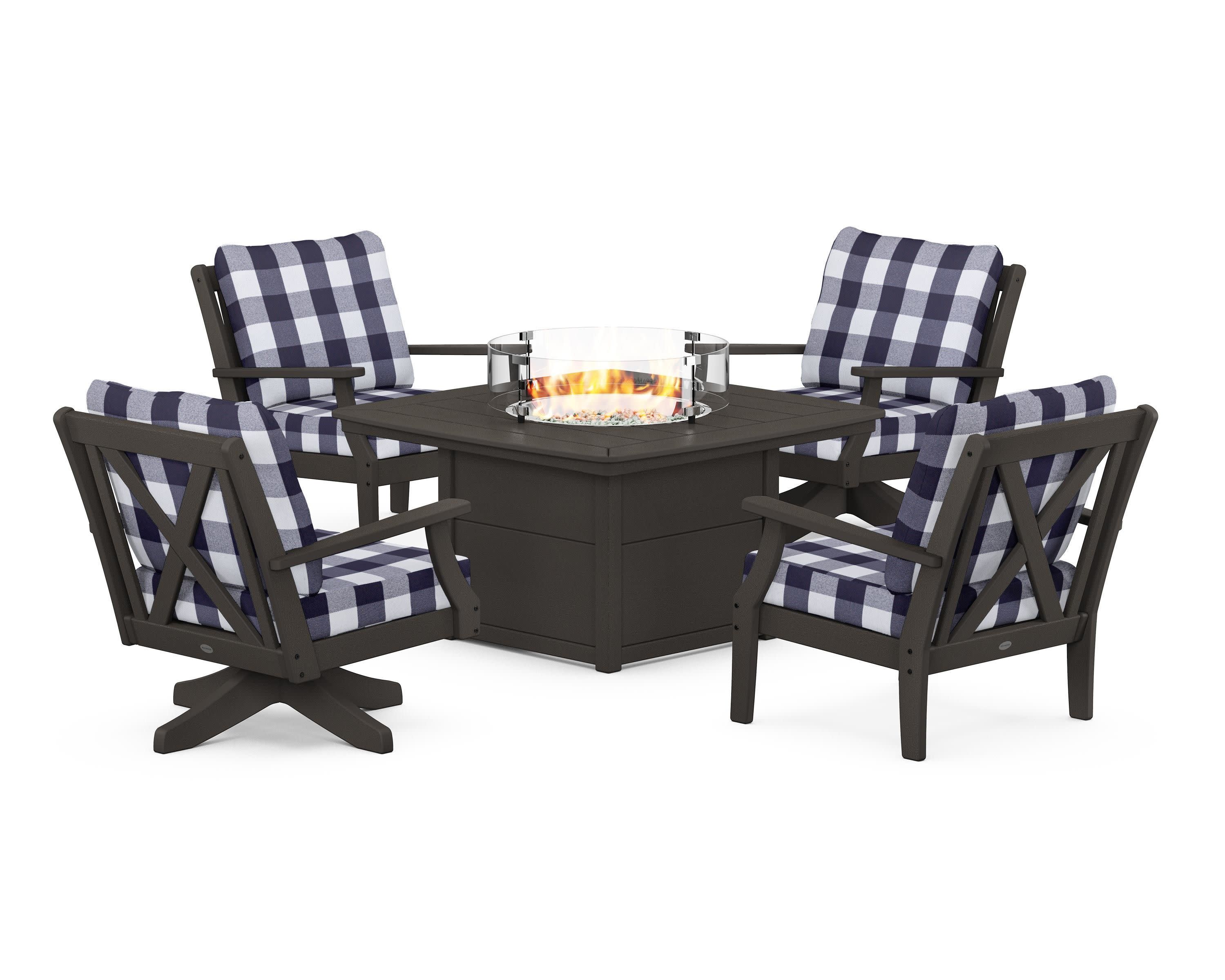 Braxton 5-Piece Deep Seating Set with Fire Table in Vintage Coffee / Buffalo Plaid Navy