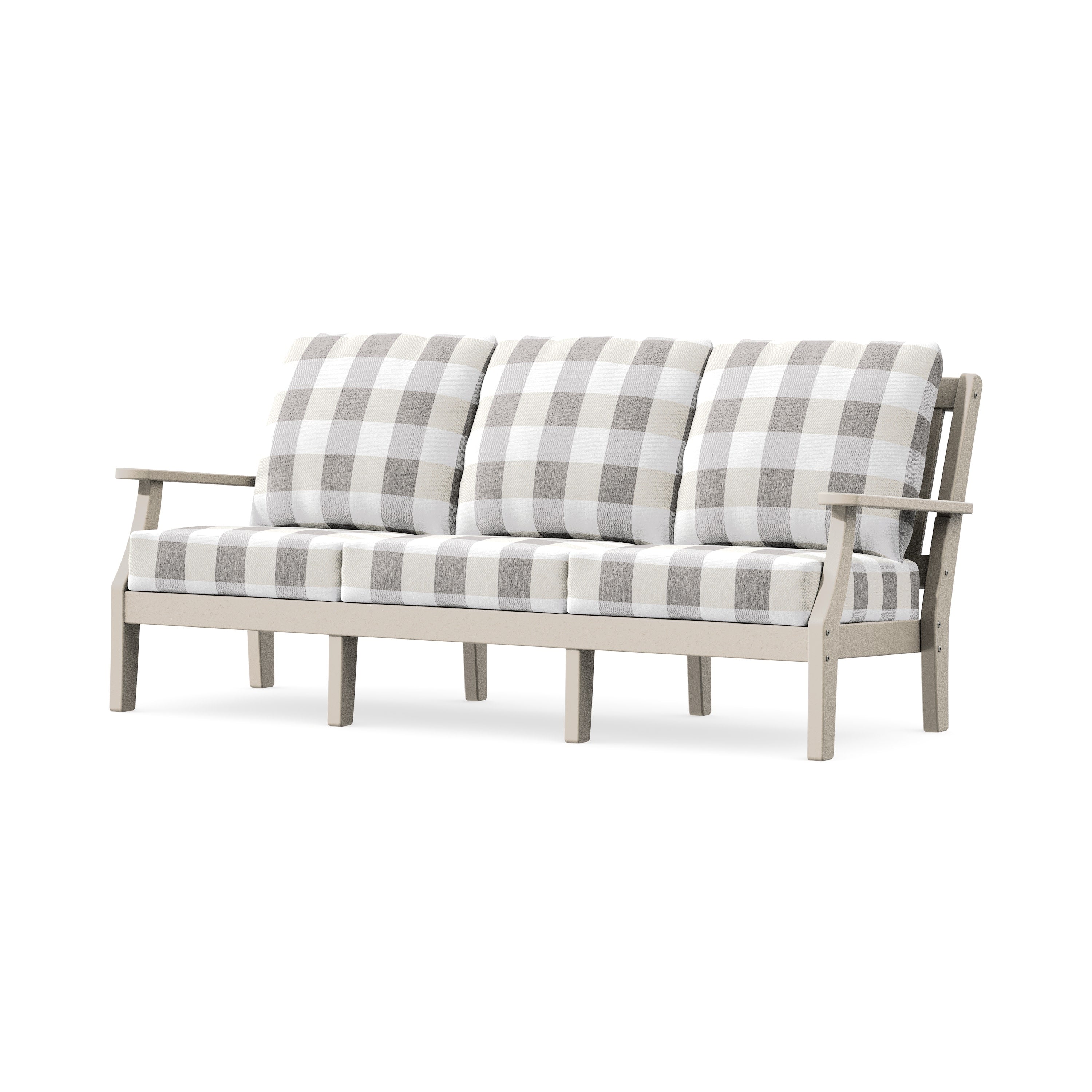 Chinoiserie Deep Seating Sofa in Sand / Buffalo Plaid Grey Mist