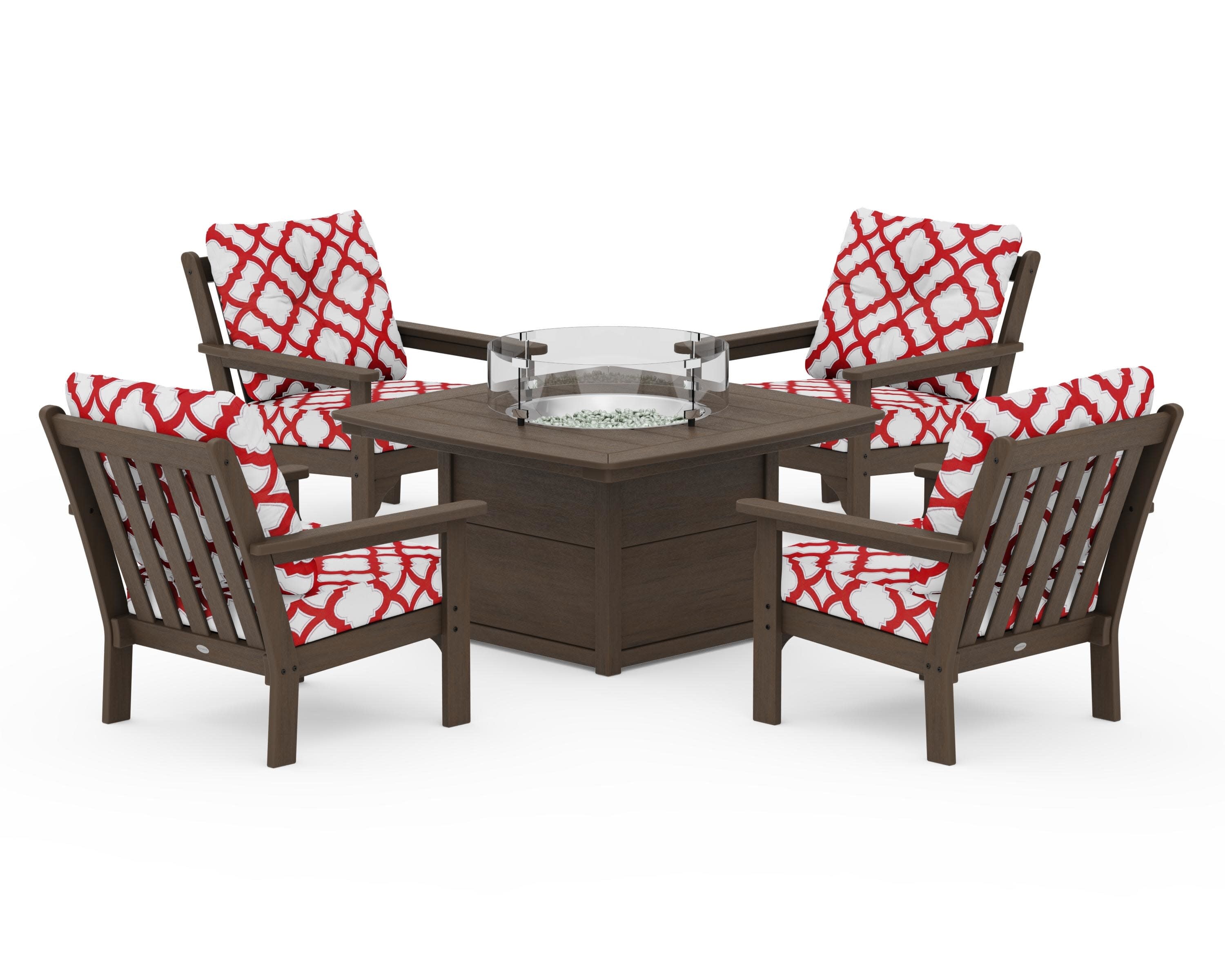 Vineyard 5-Piece Conversation Set with Fire Pit Table in Kona / Trellis Crimson