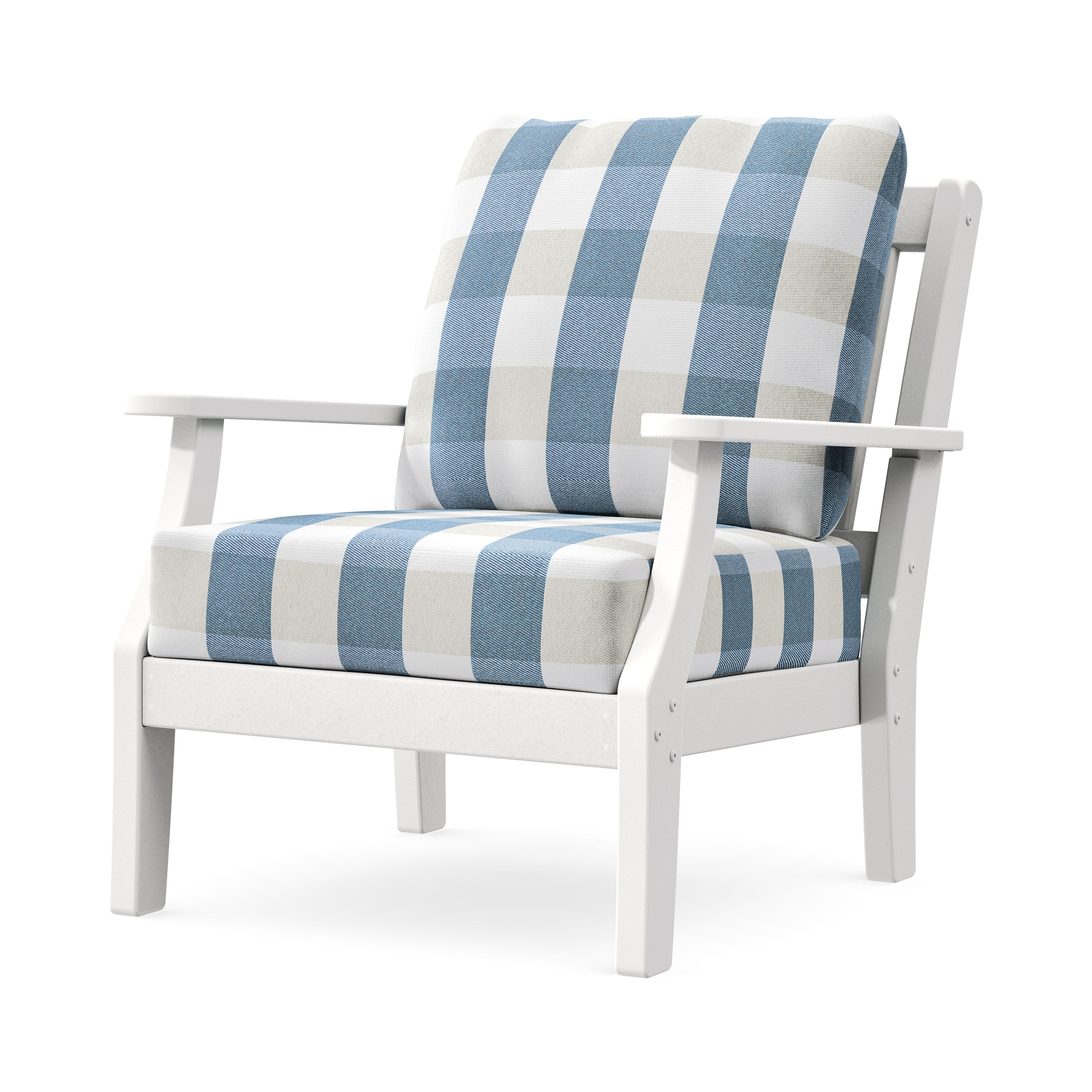 Chinoiserie Deep Seating Chair in White / Buffalo Plaid Sky Blue