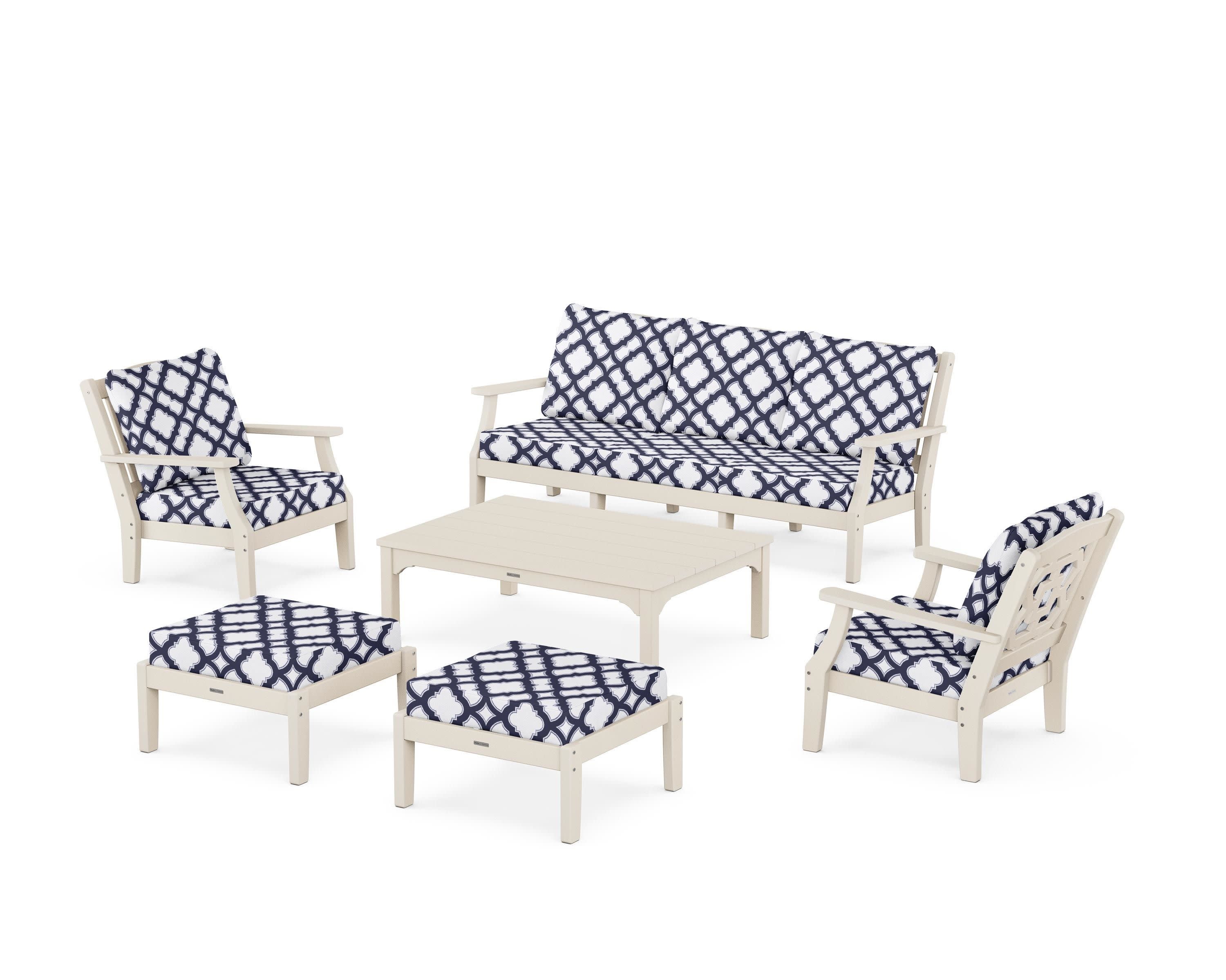 Chinoiserie 6-Piece Lounge Sofa Set in Sand / Trellis Navy