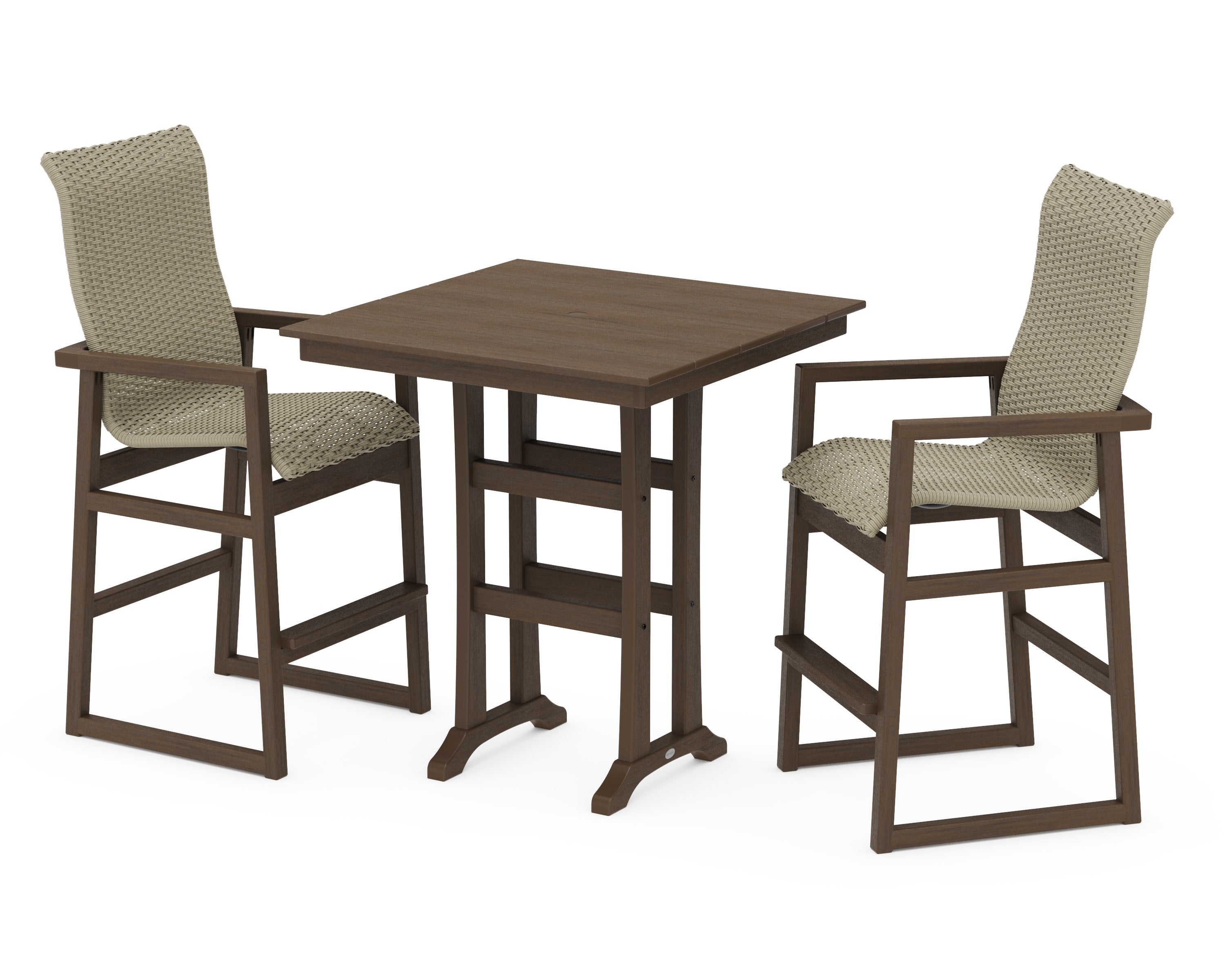 EDGE Woven Highback 3-Piece Farmhouse Bar Set with Trestle Legs in Kona / Dune Grass
