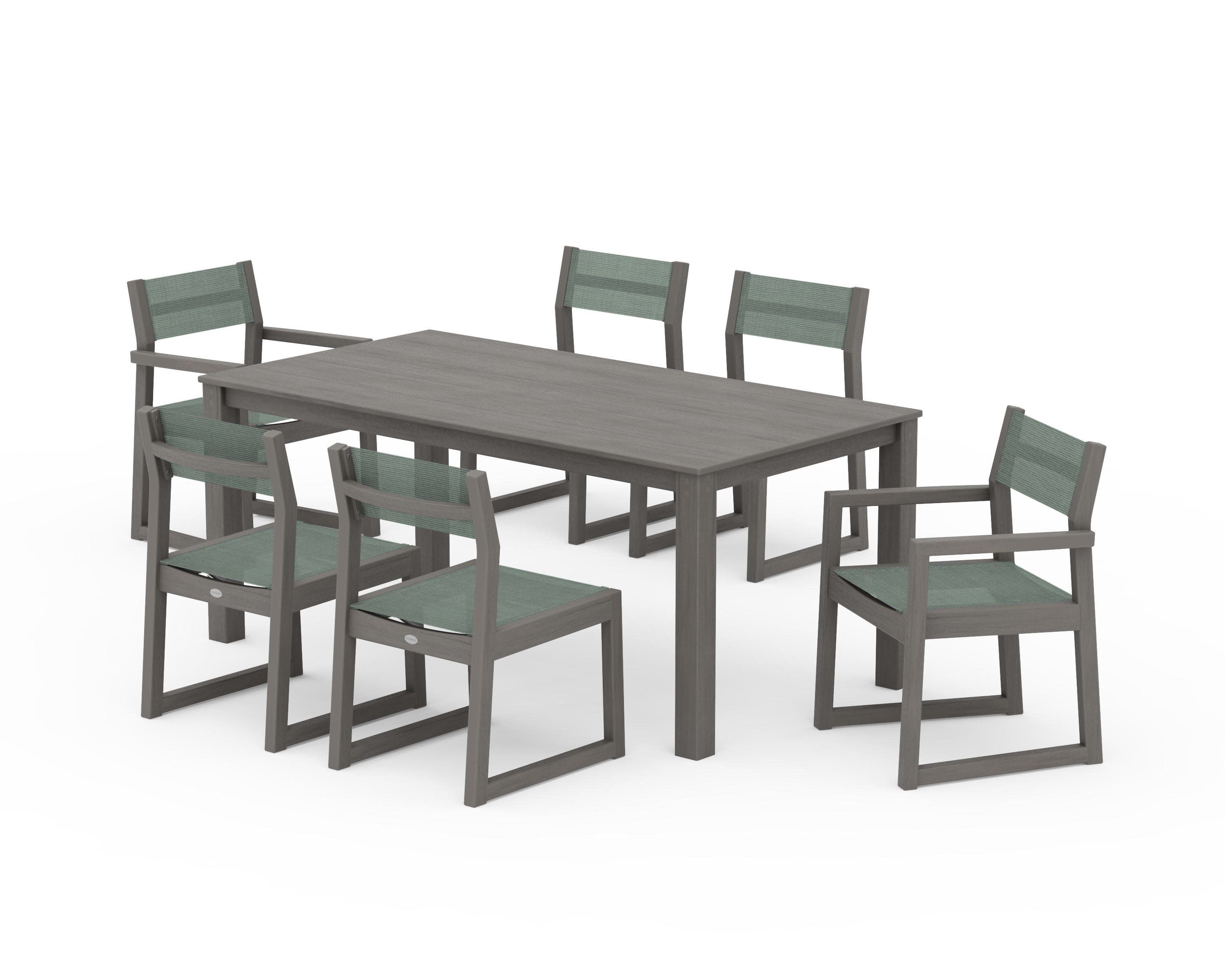 EDGE Sling 7-Piece Parsons Dining Set in Driftwood / Dupioni Sea Mist Sling