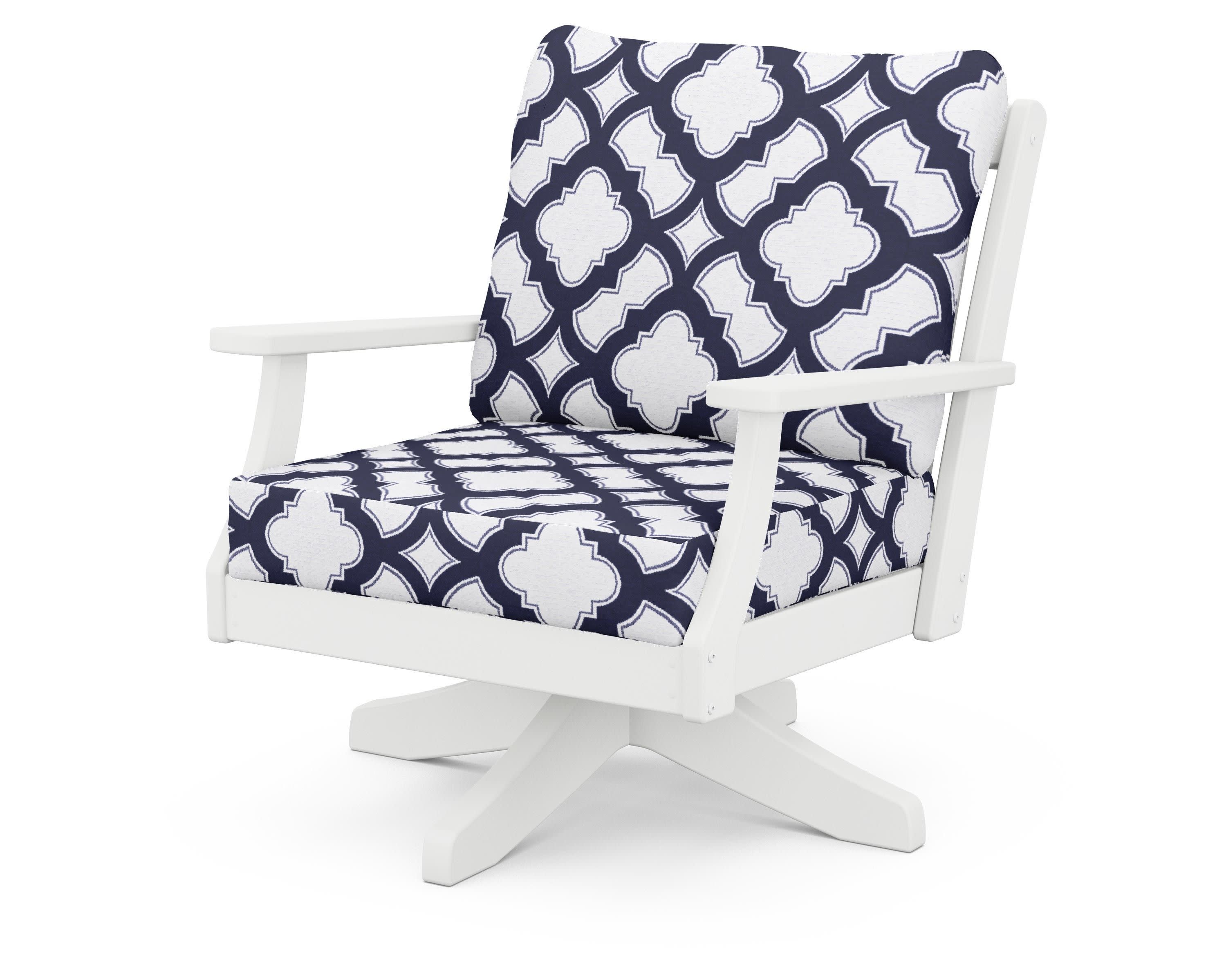 Braxton Deep Seating Swivel Chair in White / Trellis Navy