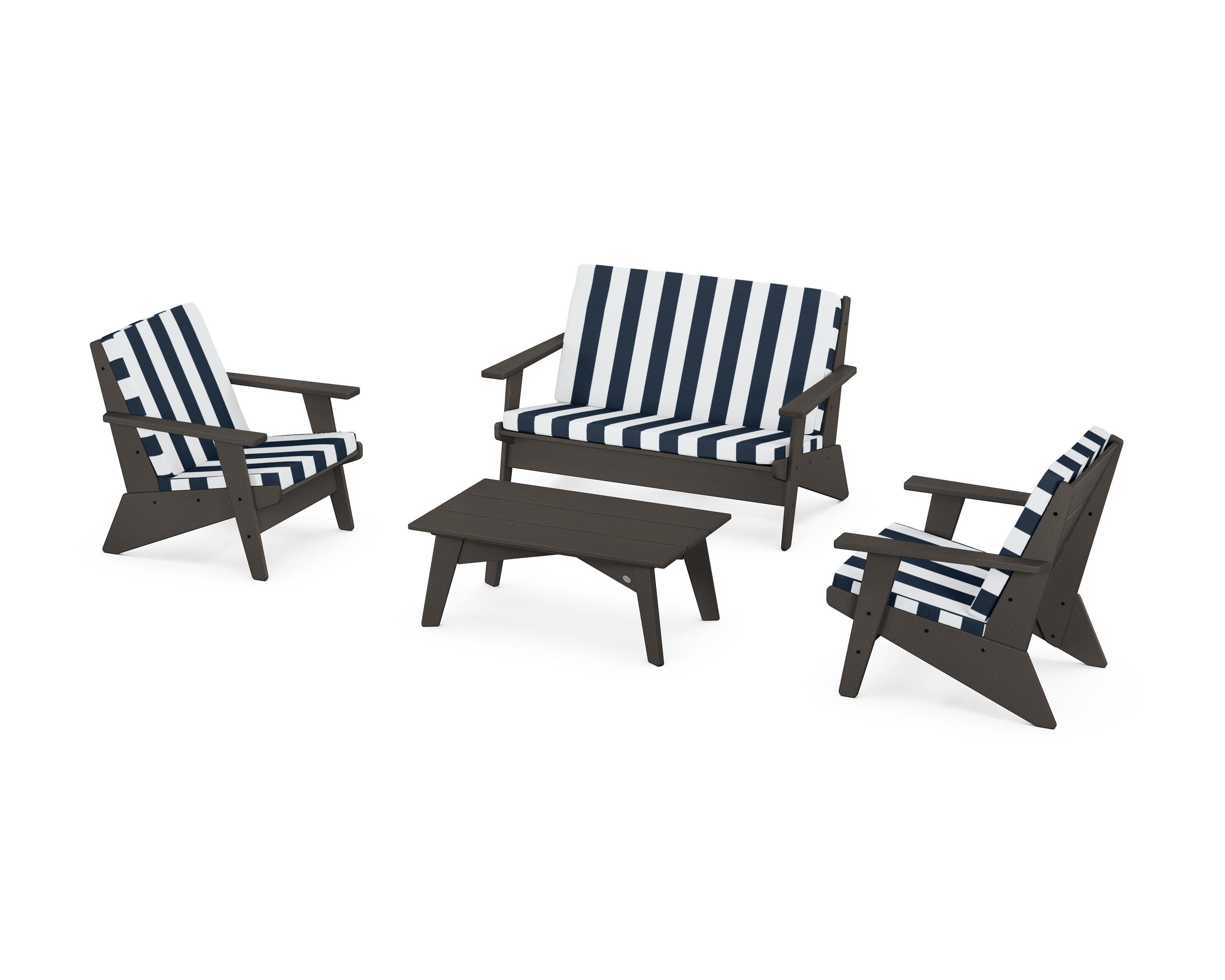Riviera Modern Lounge 4-Piece Set in Vintage Coffee / Cabana Stripe Marine Indigo