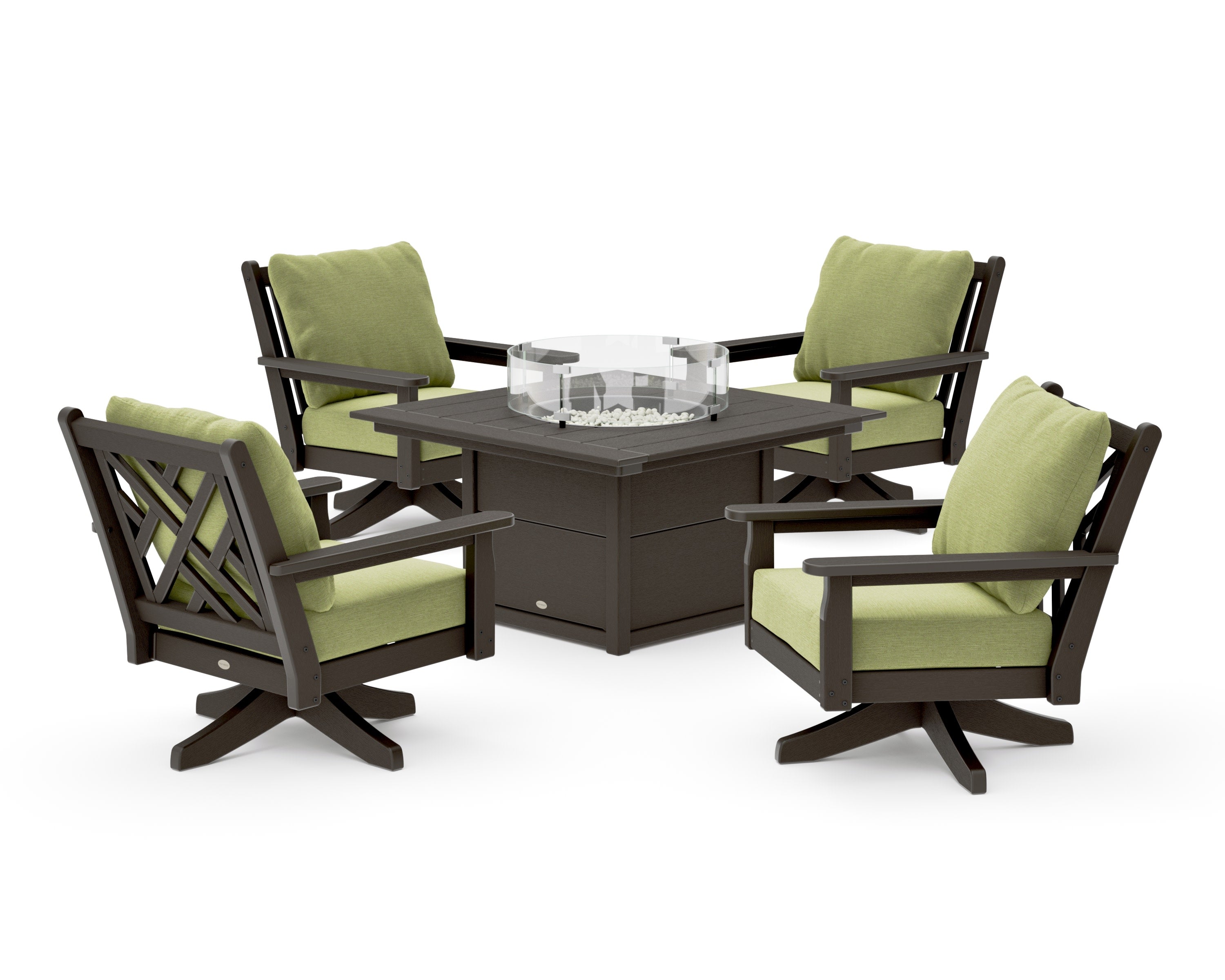 Chippendale 5-Piece Deep Seating Swivel Conversation Set with Fire Pit Table in Vintage Coffee / Chartreuse Boucle