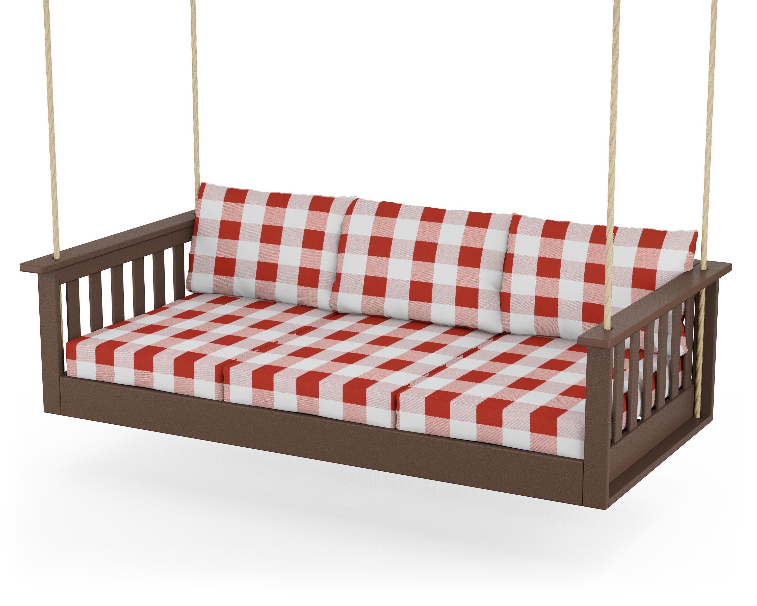 Vineyard Daybed Swing in Mahogany / Buffalo Plaid Crimson