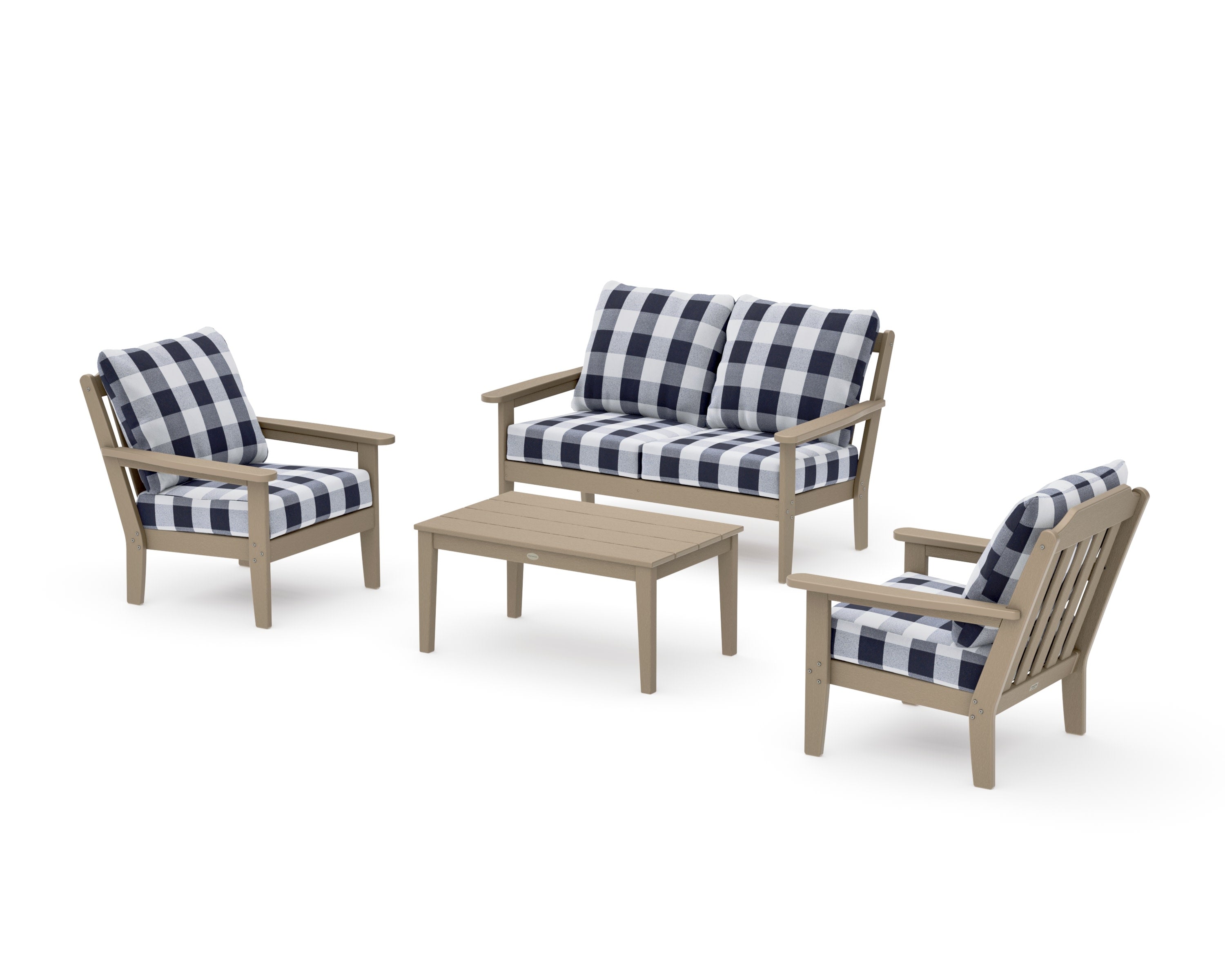 Cottage 4-Piece Deep Seating Set with Loveseat in Vintage Sahara / Buffalo Plaid Navy
