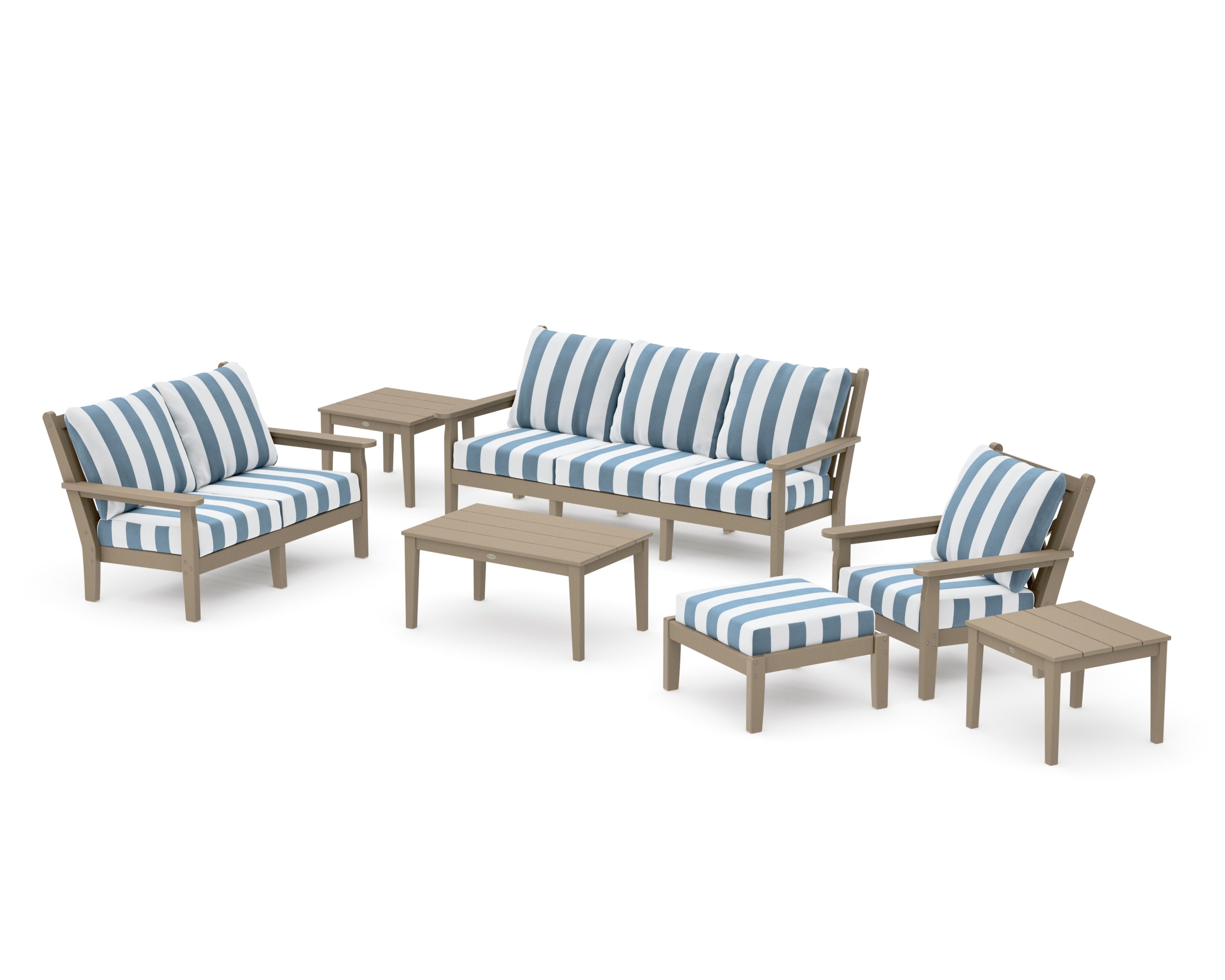 Chippendale 7-Piece Deep Seating Set in Vintage Sahara / Cabana Stripe Sky Blue
