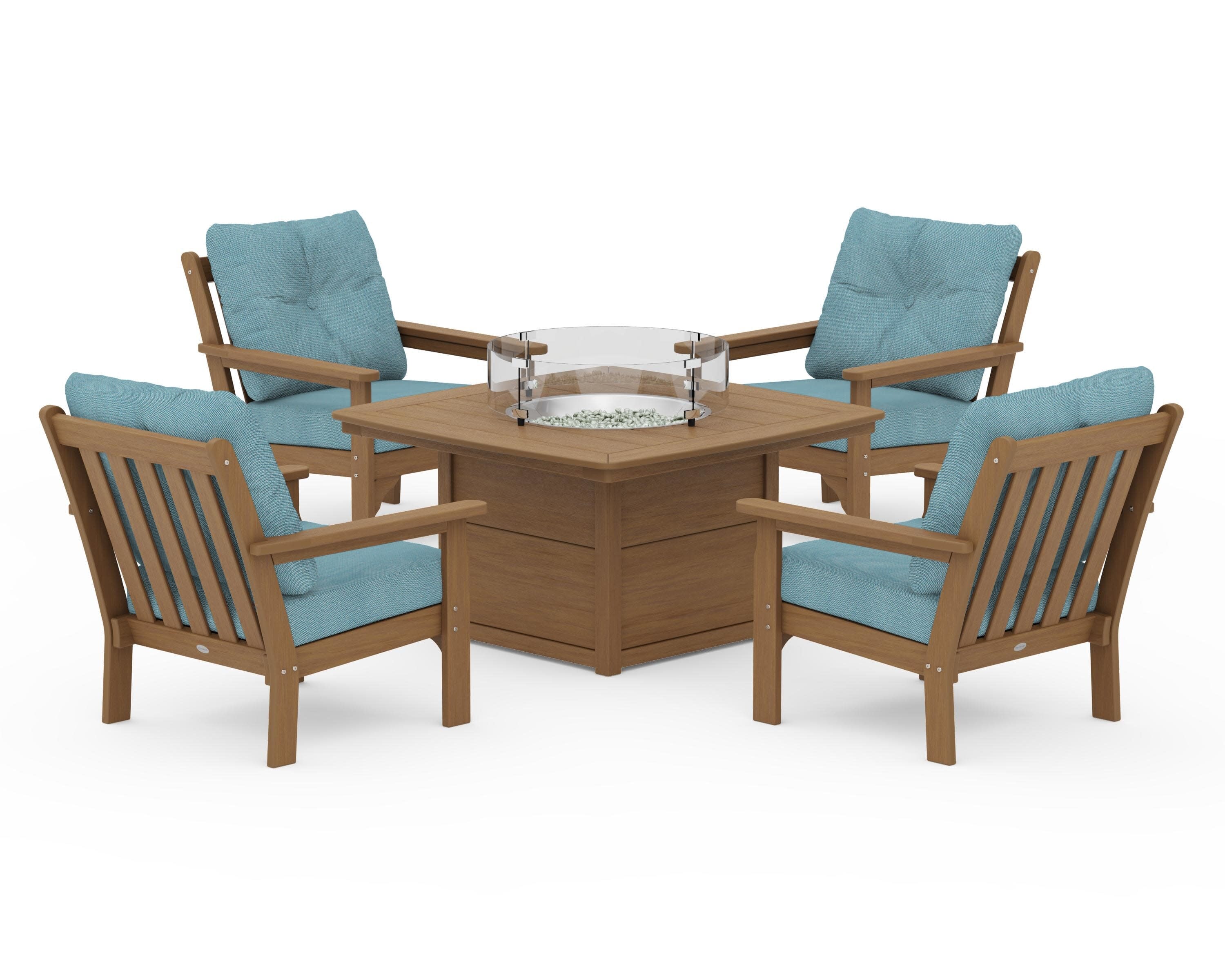Vineyard 5-Piece Conversation Set with Fire Pit Table in Natural / Lattice Sky Blue