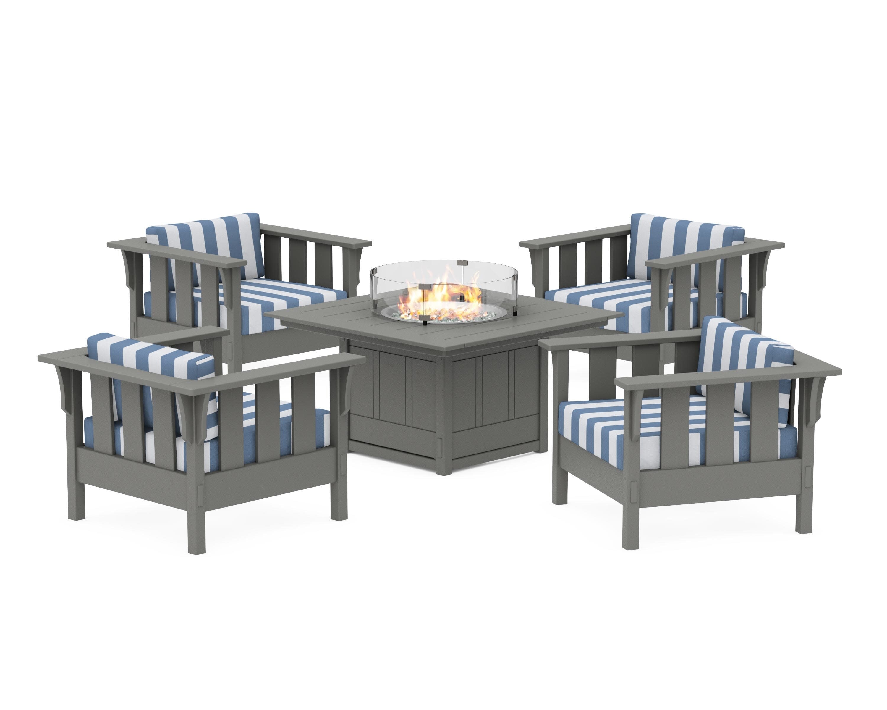 Acadia 5-Piece Deep Seating Set with Fire Pit Table in Slate Grey / Cabana Stripe Sky Blue