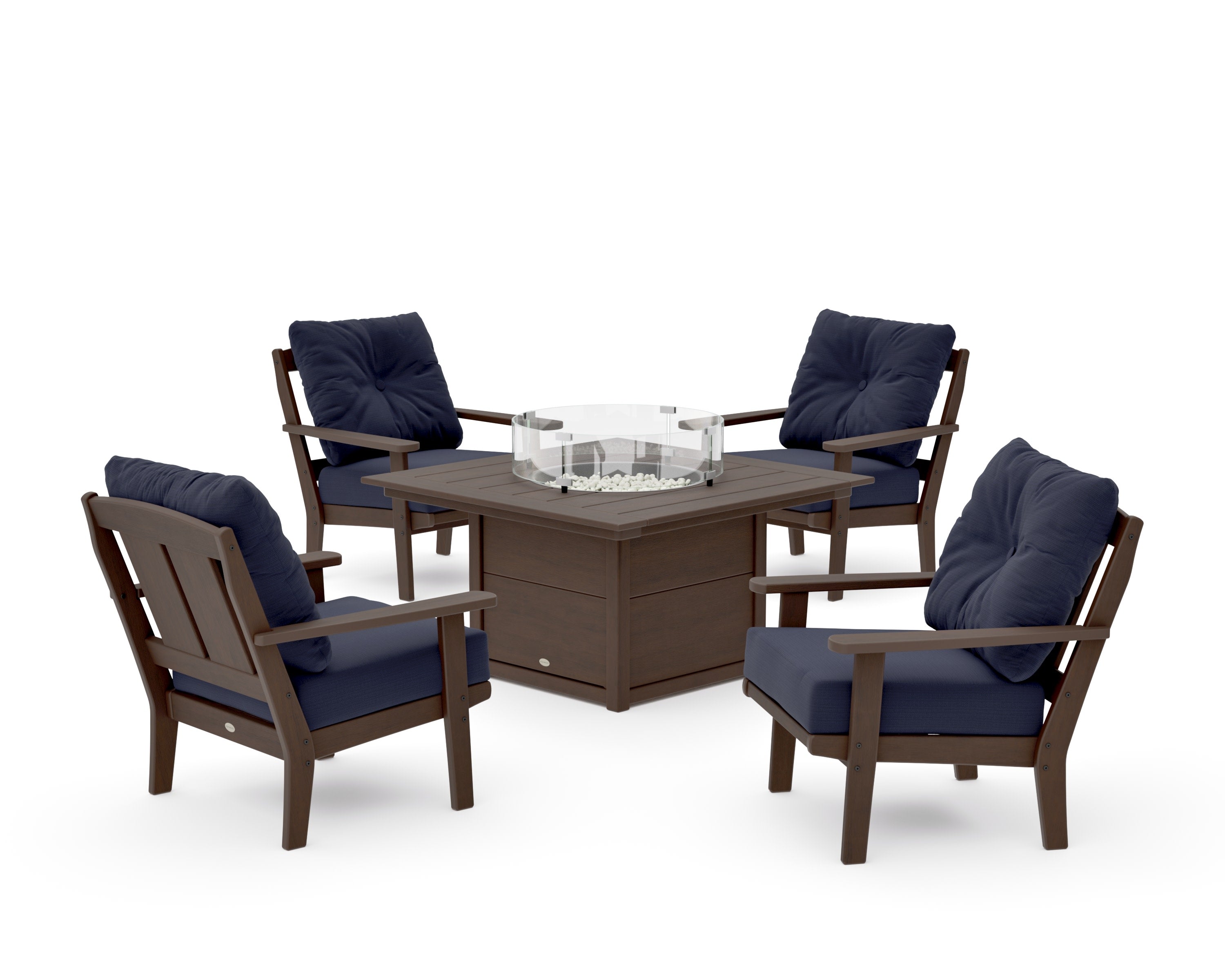 Mission 5-Piece Deep Seating Set with Fire Pit Table in Kona / Navy Linen
