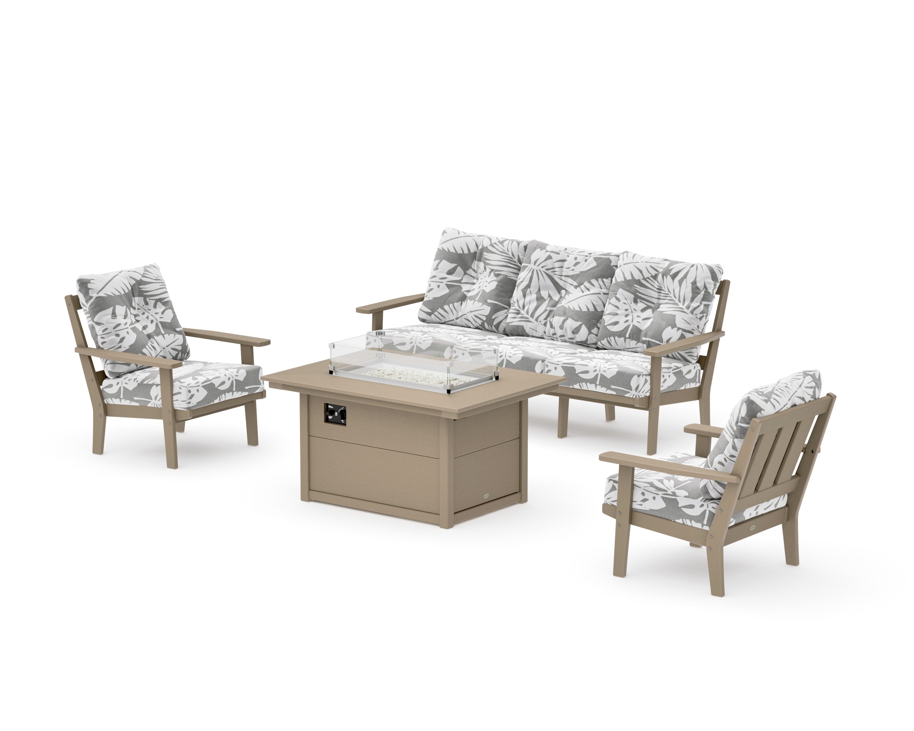 Oxford Deep Seating Fire Pit Table Set in Vintage Sahara / Leaf Grey Mist