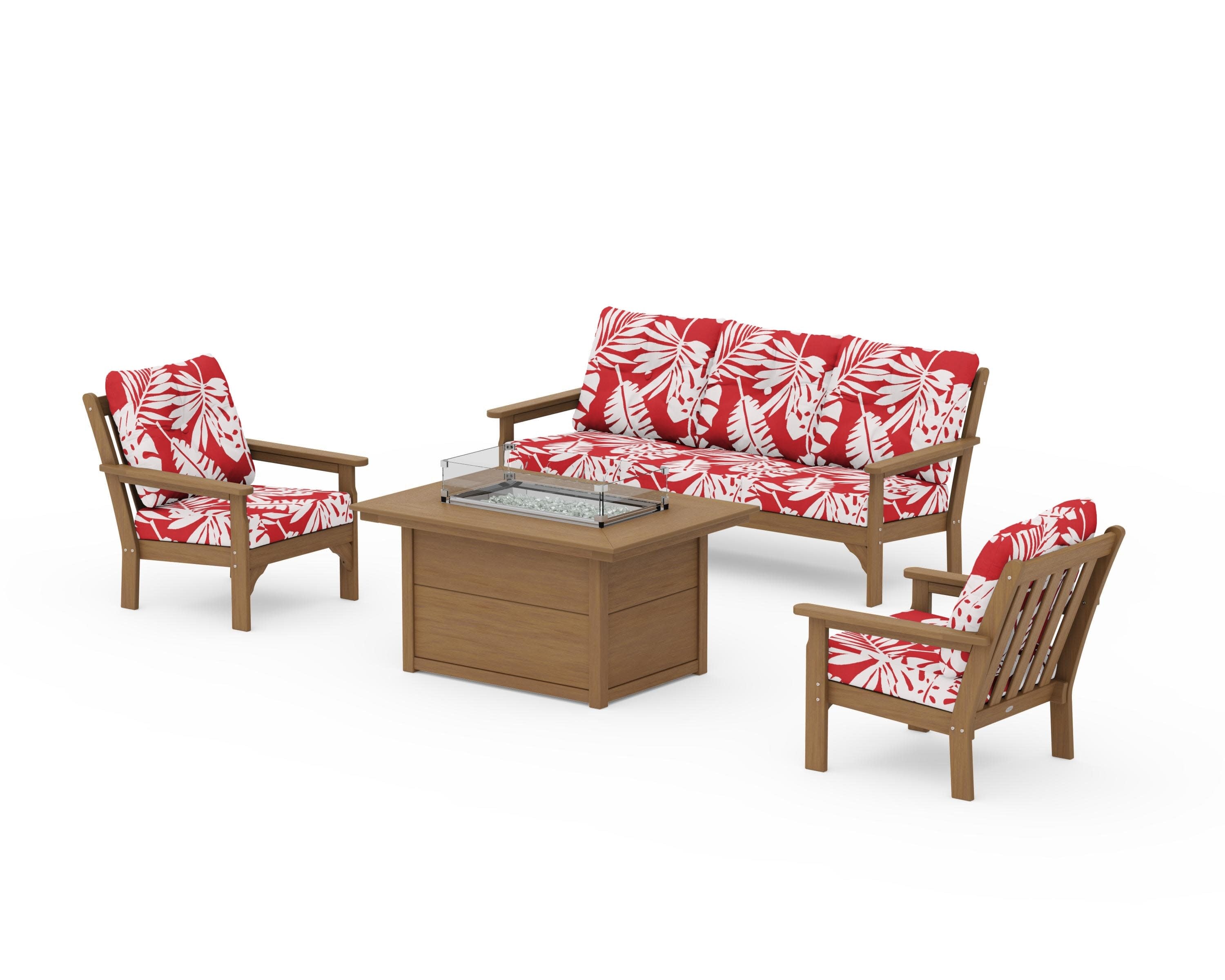 Vineyard Deep Seating Fire Pit Table Set in Natural / Leaf Crimson