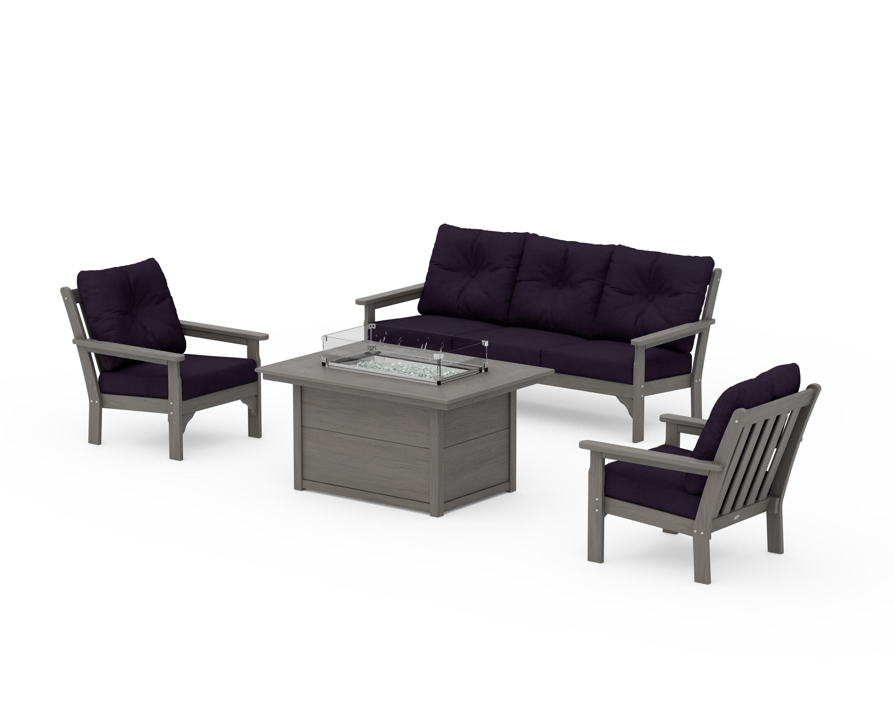 Vineyard Deep Seating Fire Pit Table Set in Driftwood / Navy Linen