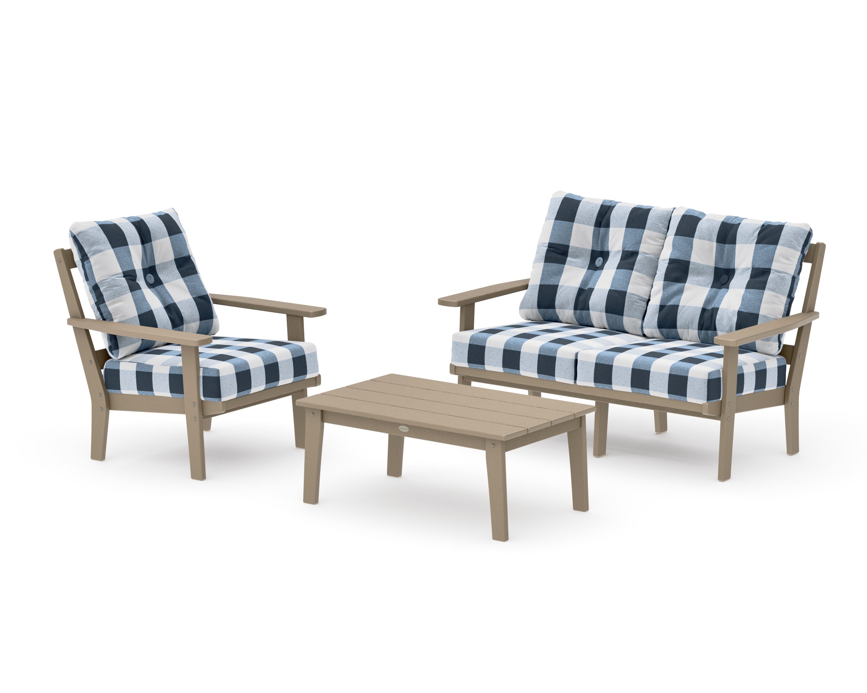 Oxford 3-Piece Deep Seating Set with Loveseat in Vintage Sahara / Buffalo Plaid Marine Indigo