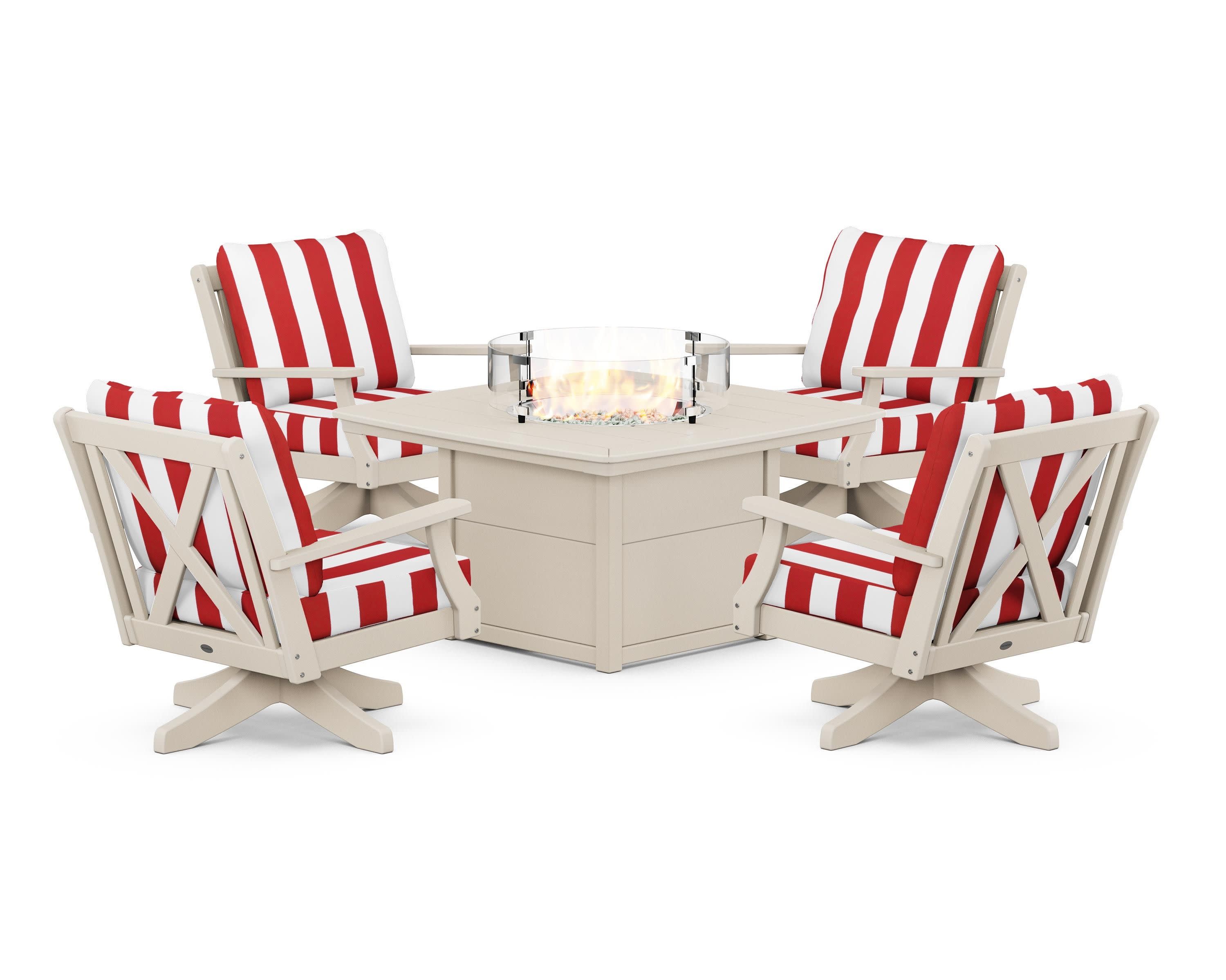 Braxton 5-Piece Deep Seating Swivel Conversation Set with Fire Pit Table in Sand / Cabana Stripe Crimson