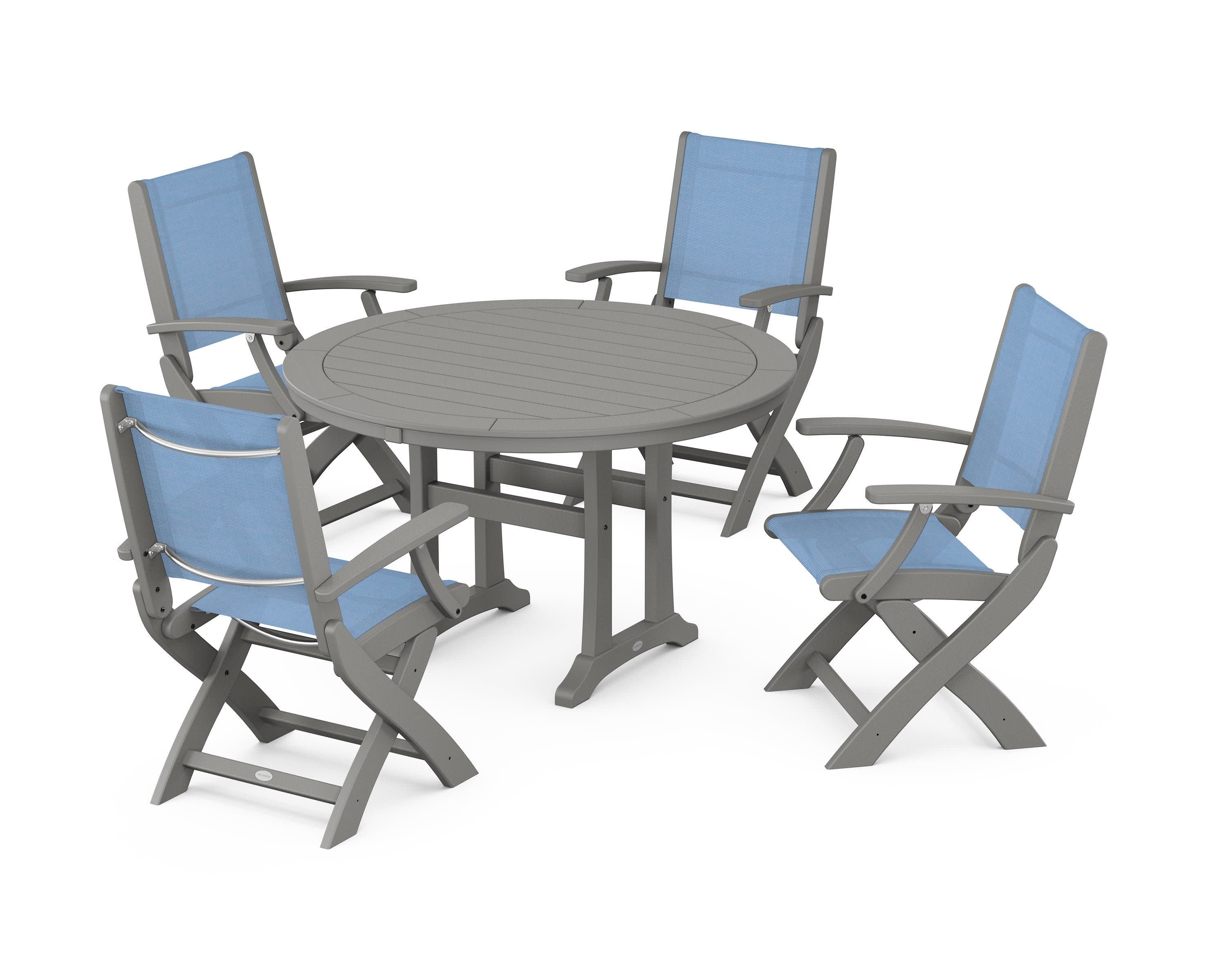 Coastal Folding Chair 5-Piece Round Dining Set with Trestle Legs in Slate Grey / Poolside Sling