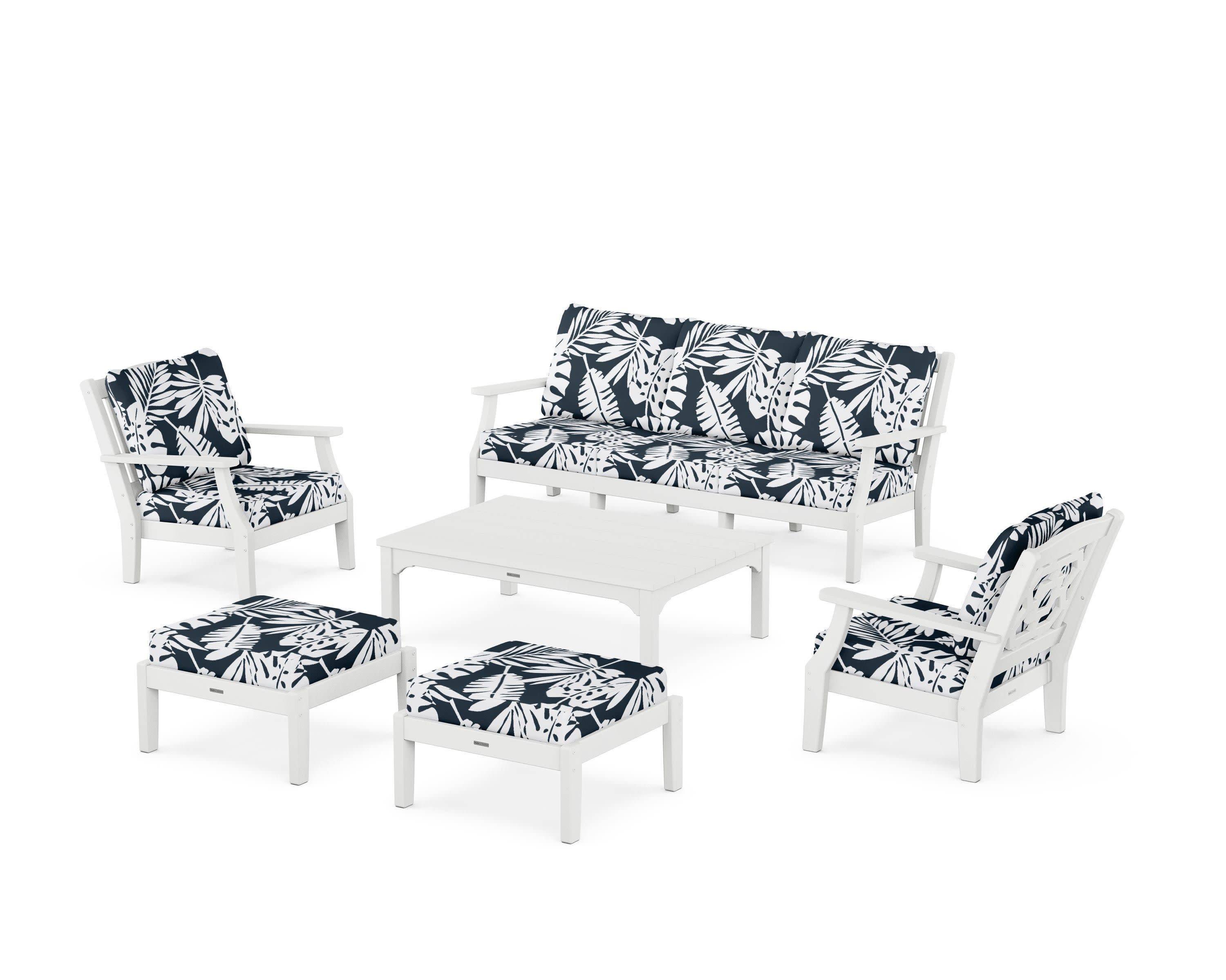 Chinoiserie 6-Piece Lounge Sofa Set in White / Leaf Marine Indigo