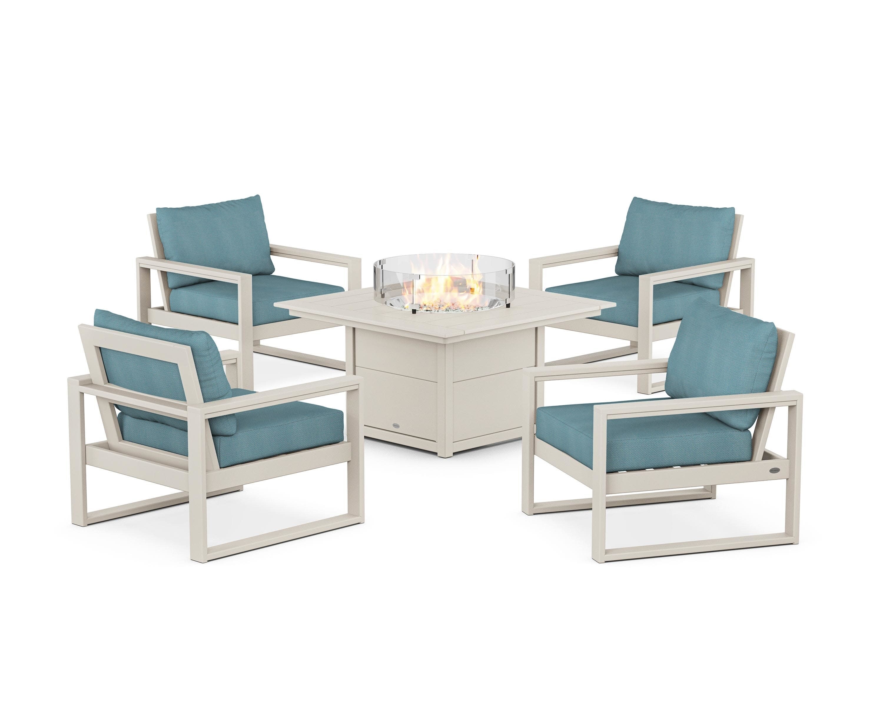 EDGE Sectional 5-Piece Deep Seating Set with Fire Pit Table in Sand / Lattice Sky Blue