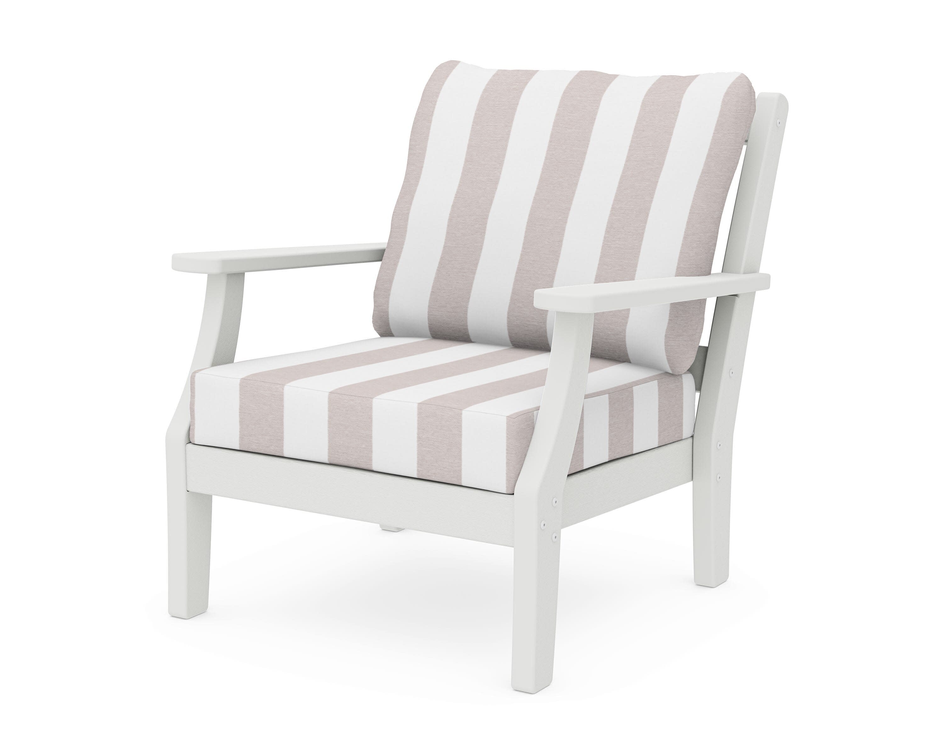 Chinoiserie Deep Seating Chair in Vintage White / Cabana Stripe Dune Burlap