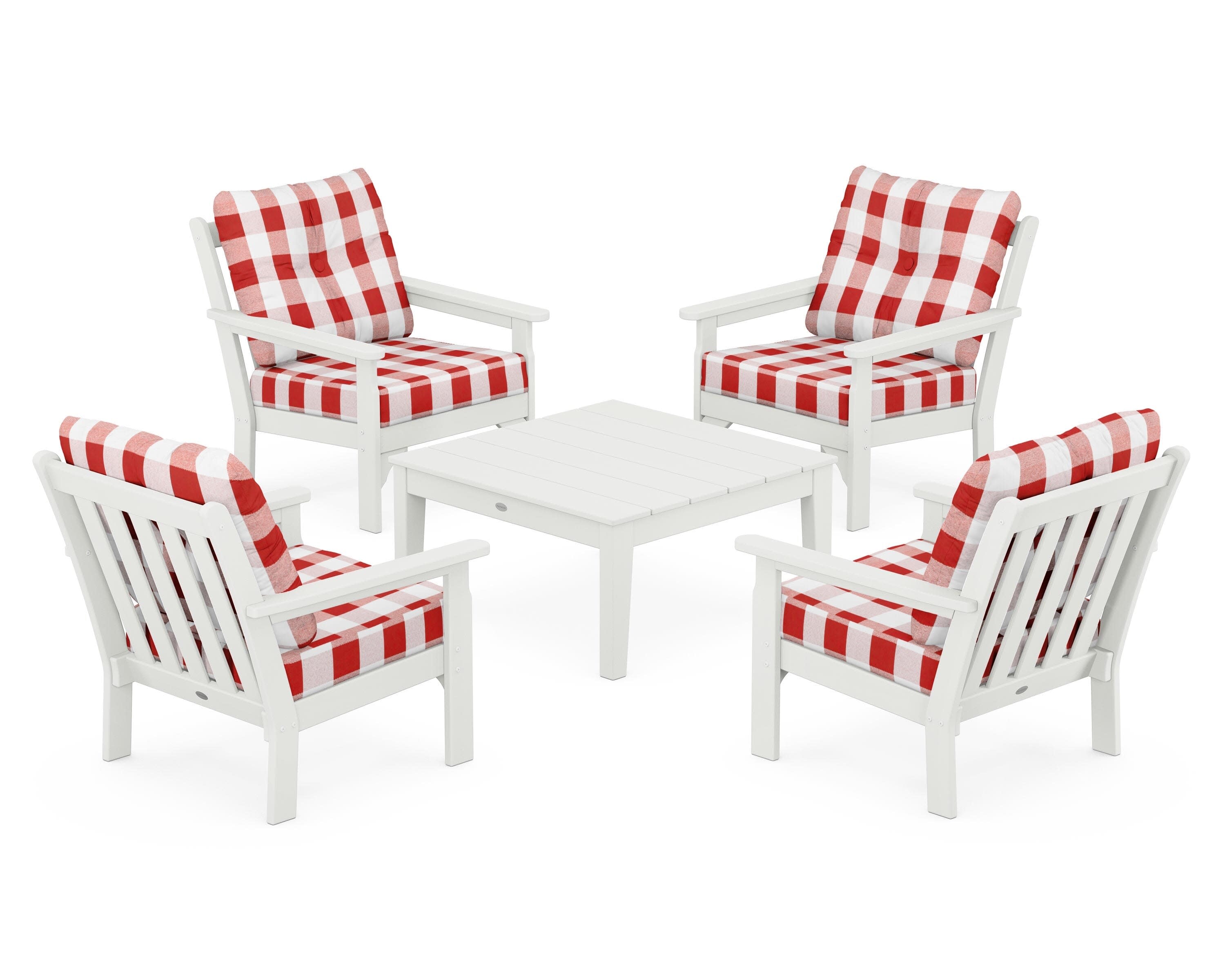 Vineyard 5-Piece Deep Seating Conversation Set in Vintage White / Buffalo Plaid Crimson