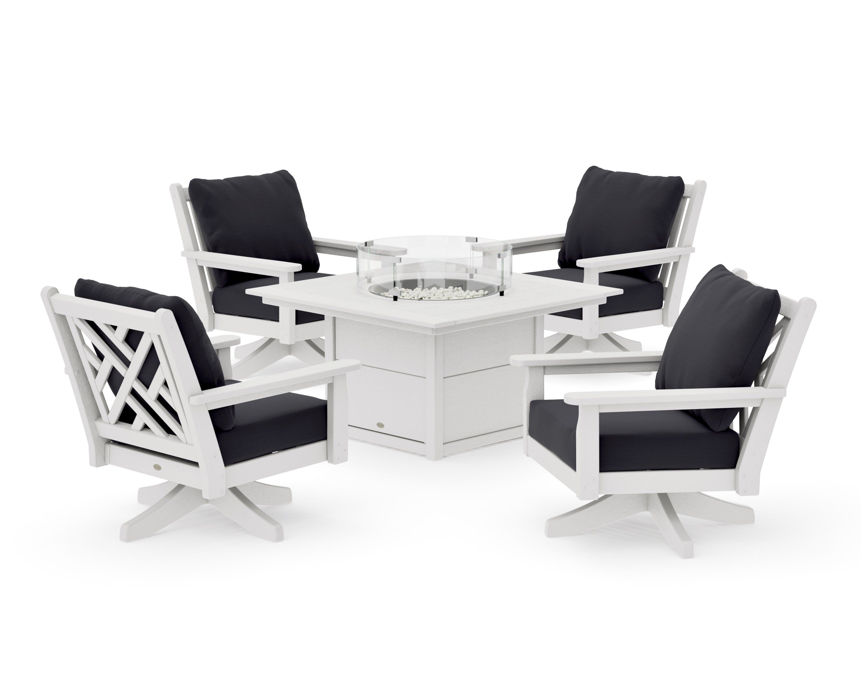 Chippendale 5-Piece Deep Seating Swivel Conversation Set with Fire Pit Table in Vintage White / Midnight Linen