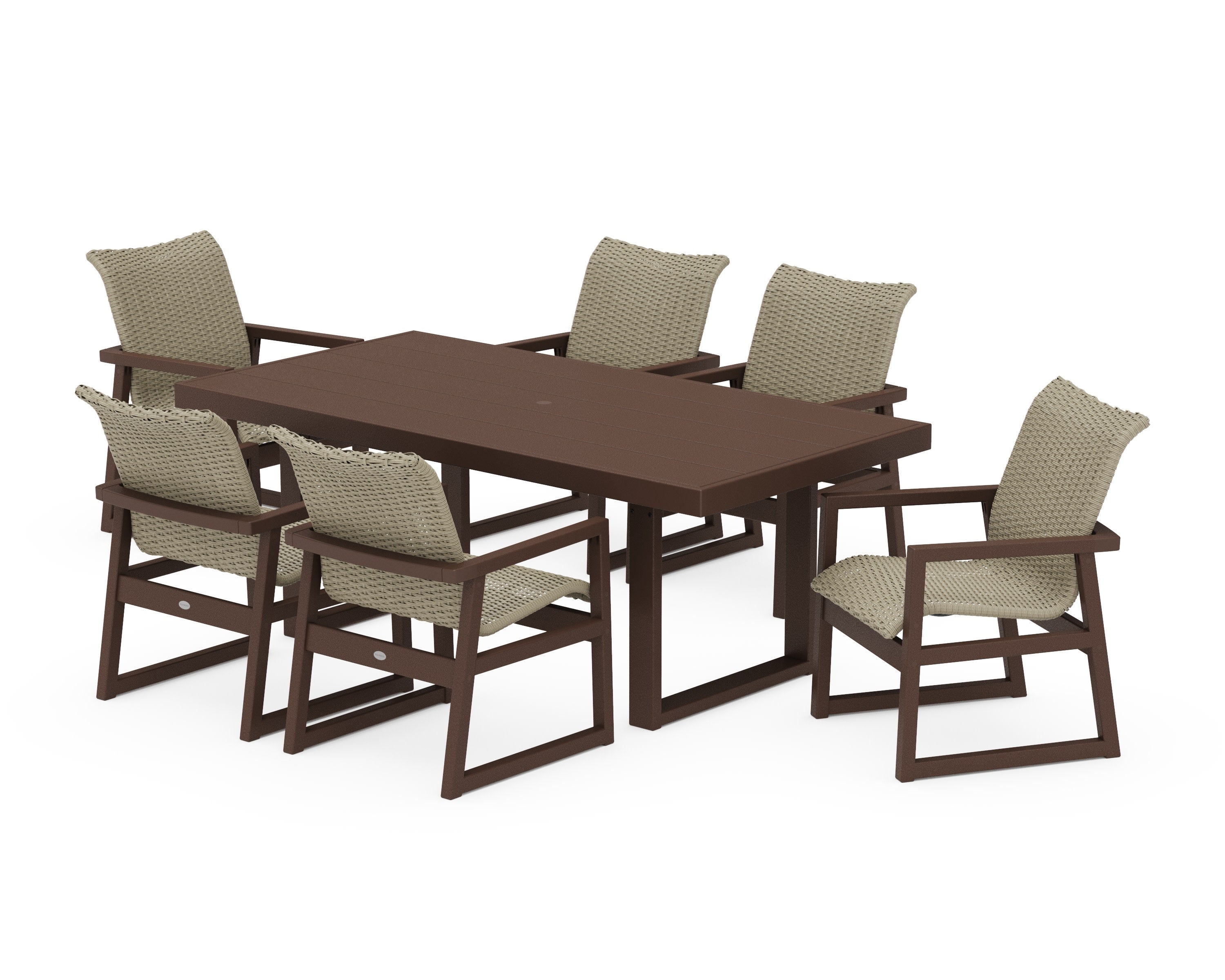 EDGE Woven Arm Chair 7-Piece Dining Set in Mahogany / Dune Grass