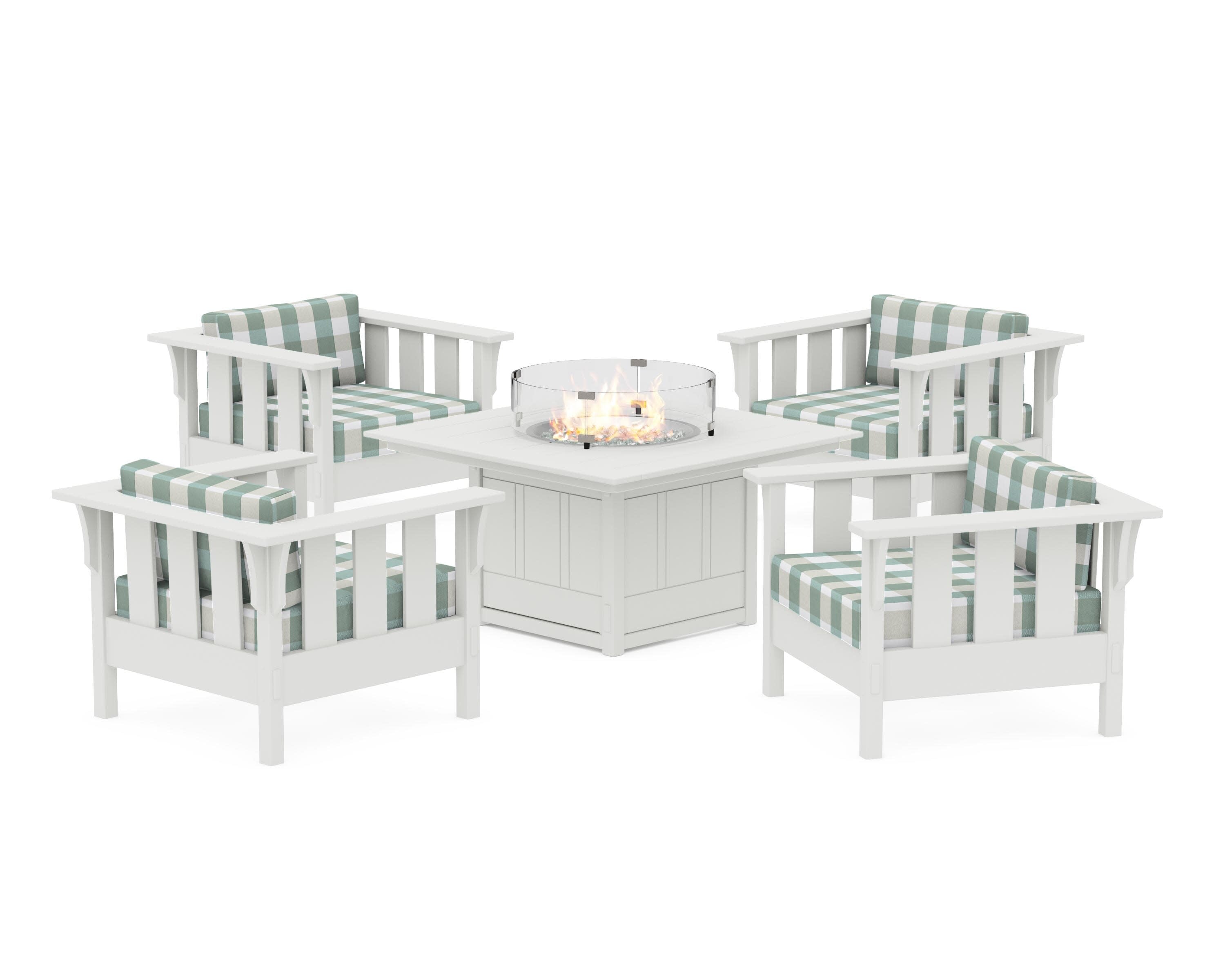 Acadia 5-Piece Deep Seating Set with Fire Pit Table in White / Buffalo Plaid Glacier Spa