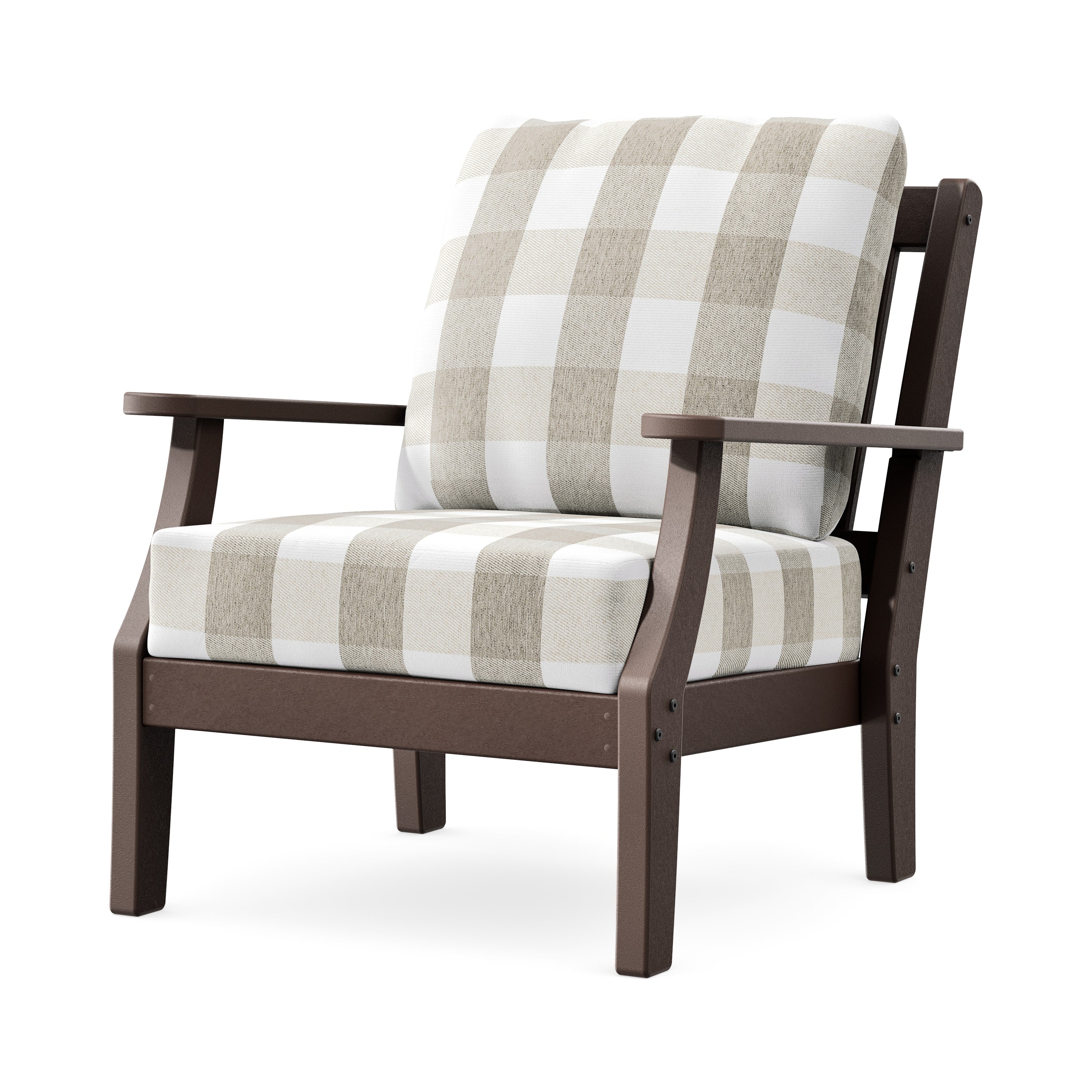 Chinoiserie Deep Seating Chair in Mahogany / Buffalo Plaid Dune Burlap