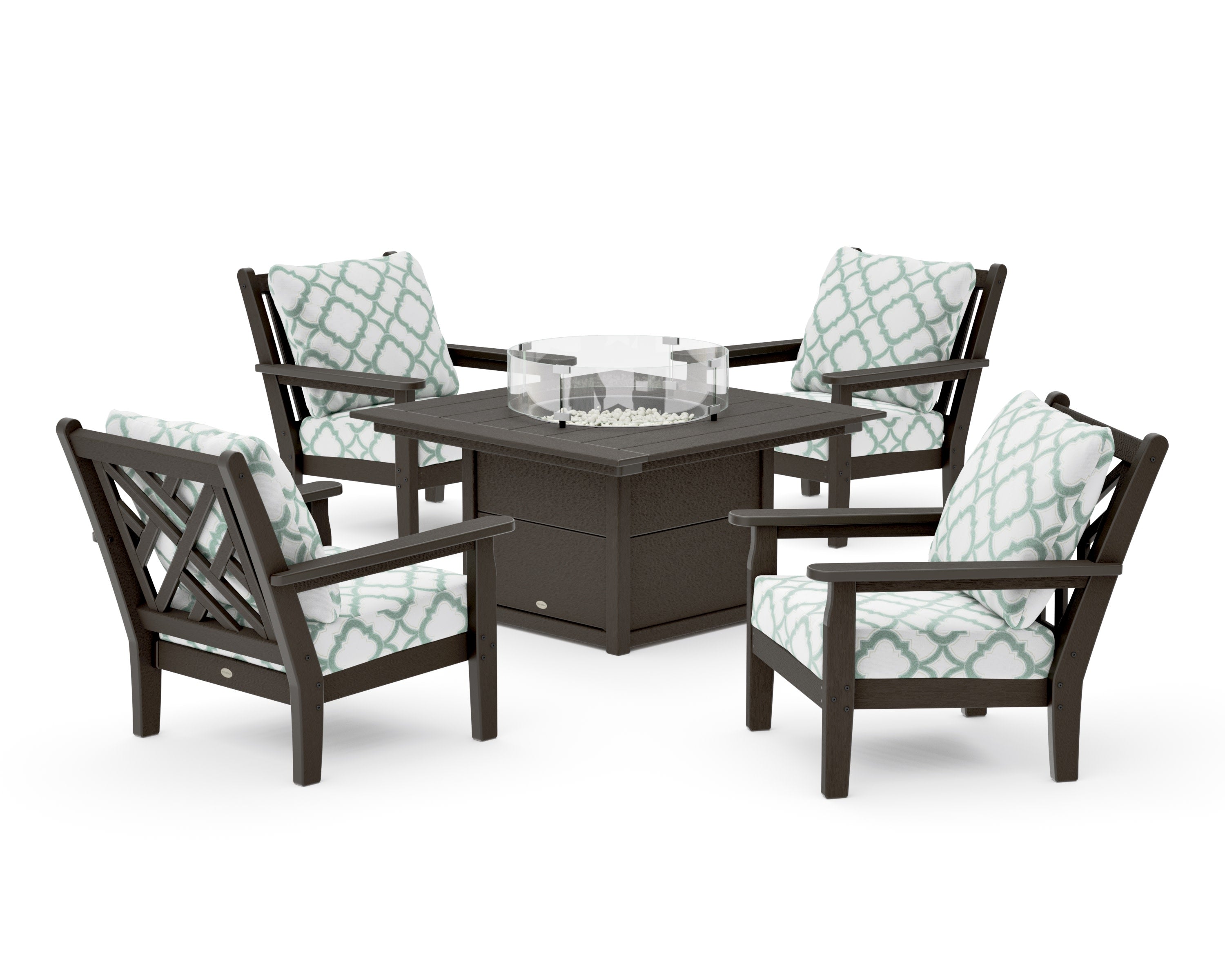 Chippendale 5-Piece Deep Seating Set with Fire Pit Table in Vintage Coffee / Trellis Glacier Spa