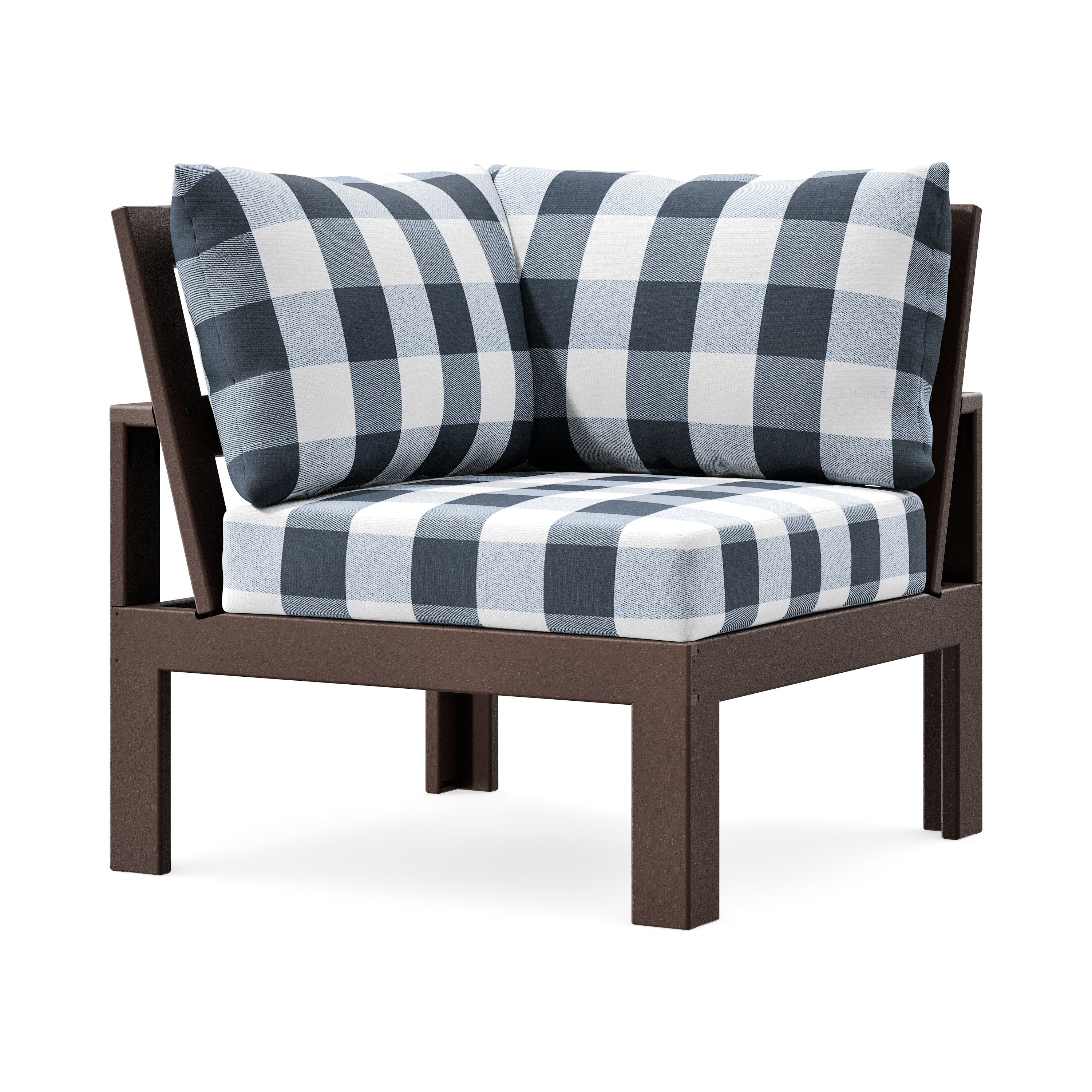 Modular Corner Chair in Mahogany / Buffalo Plaid Marine Indigo