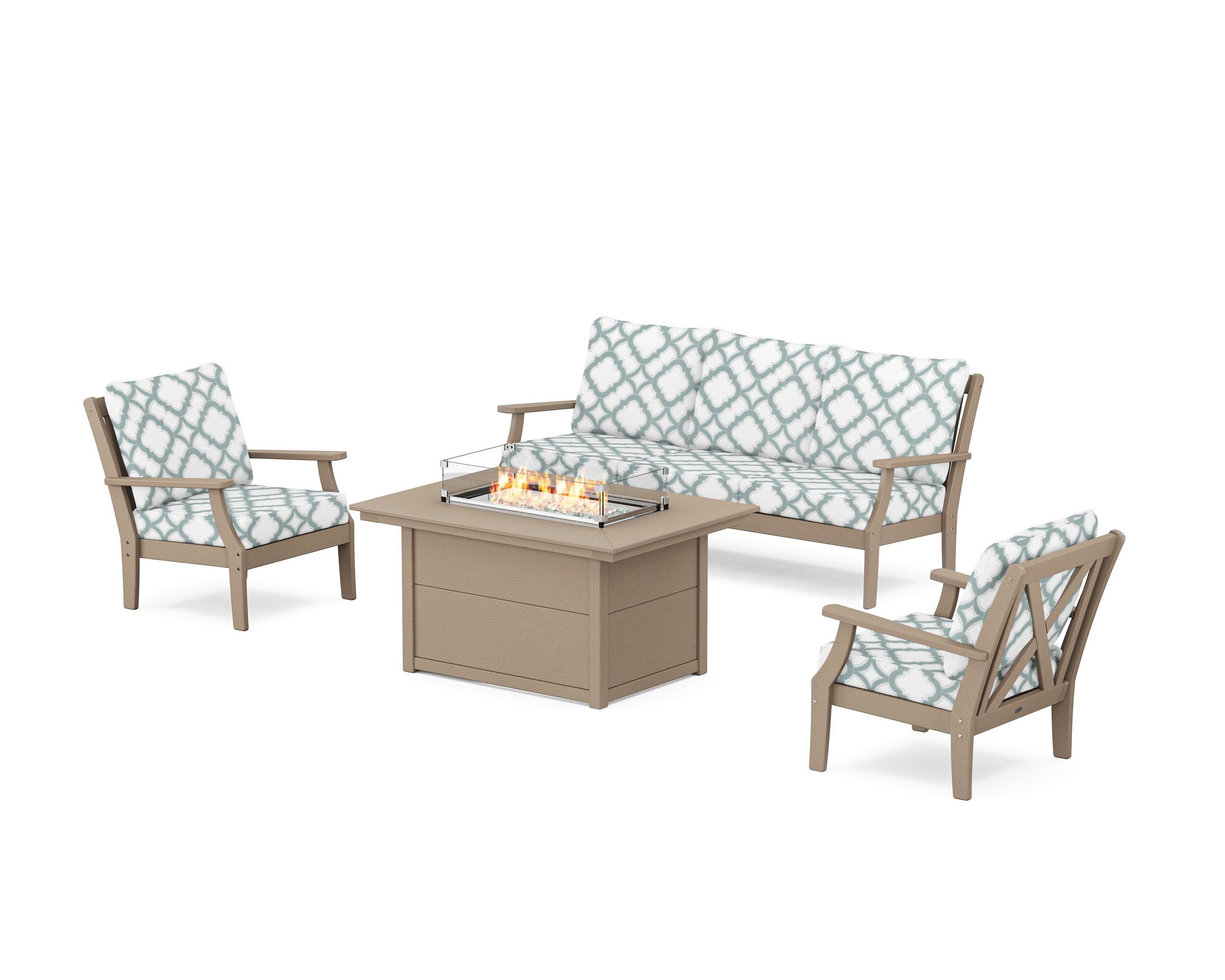 Braxton Deep Seating Fire Pit Table Set in Vintage Sahara / Trellis Glacier Spa