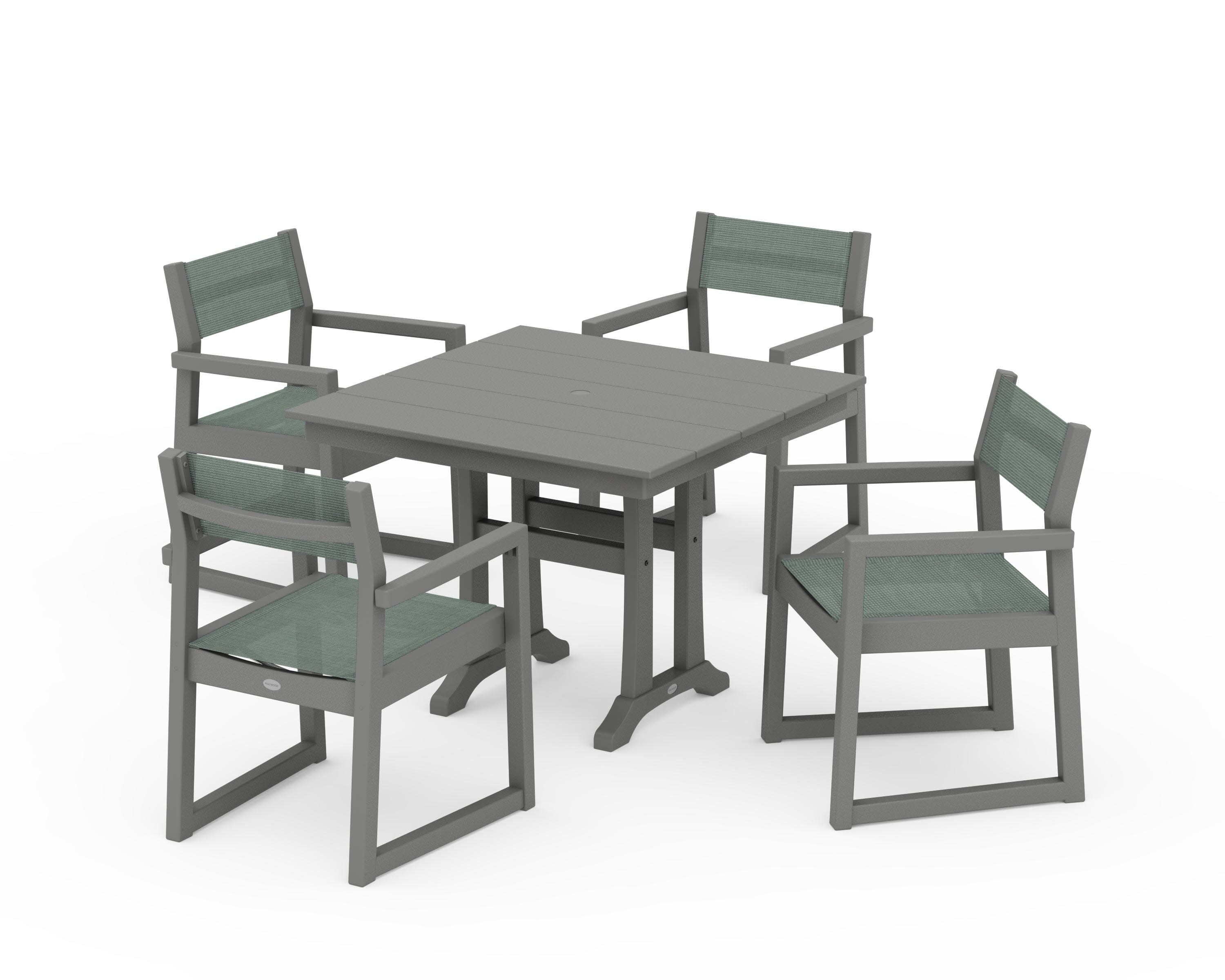 EDGE Sling 5-Piece Farmhouse Dining Set with Trestle Legs in Slate Grey / Dupioni Sea Mist Sling