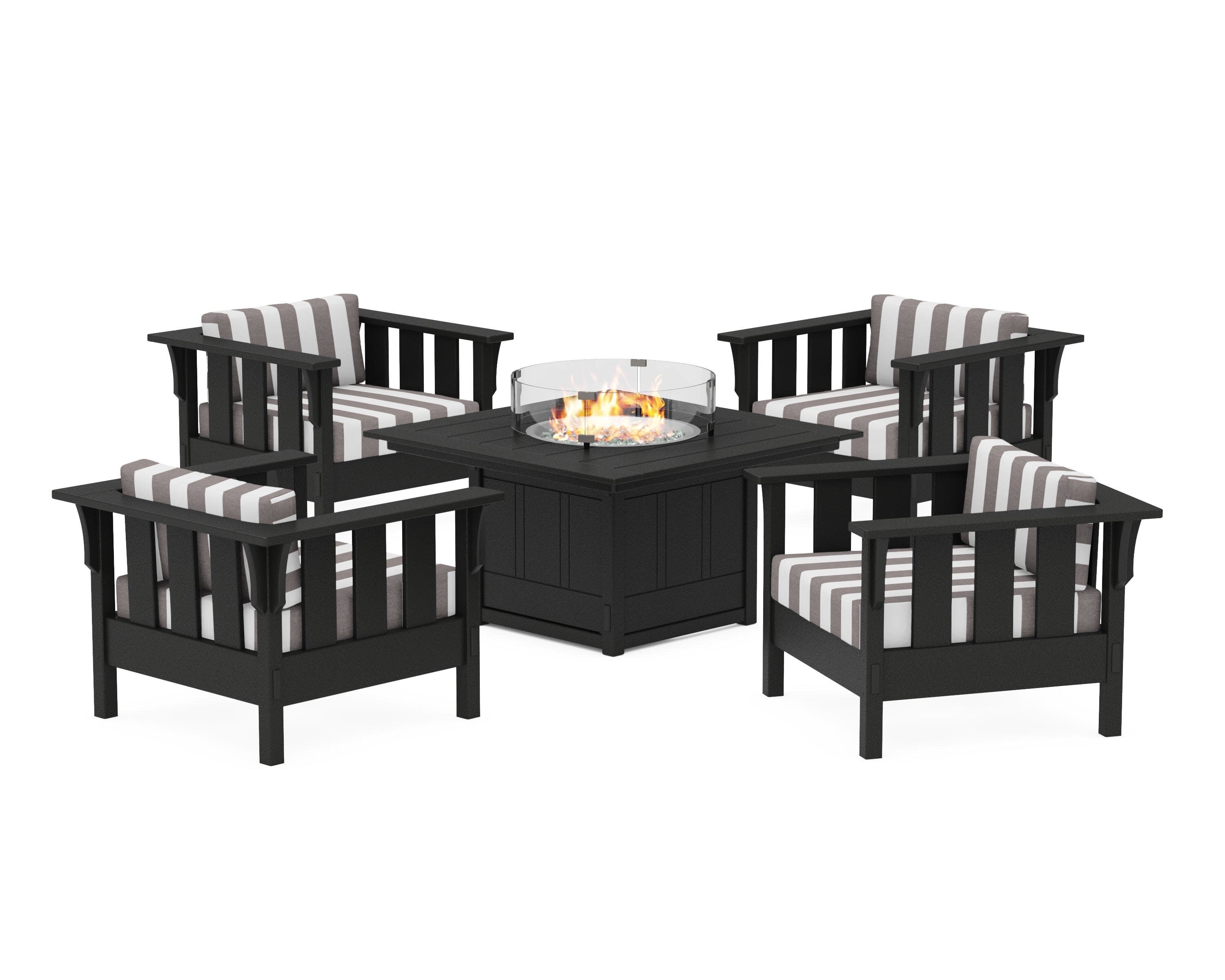 Acadia 5-Piece Deep Seating Set with Fire Pit Table in Black / Cabana Stripe Grey Mist
