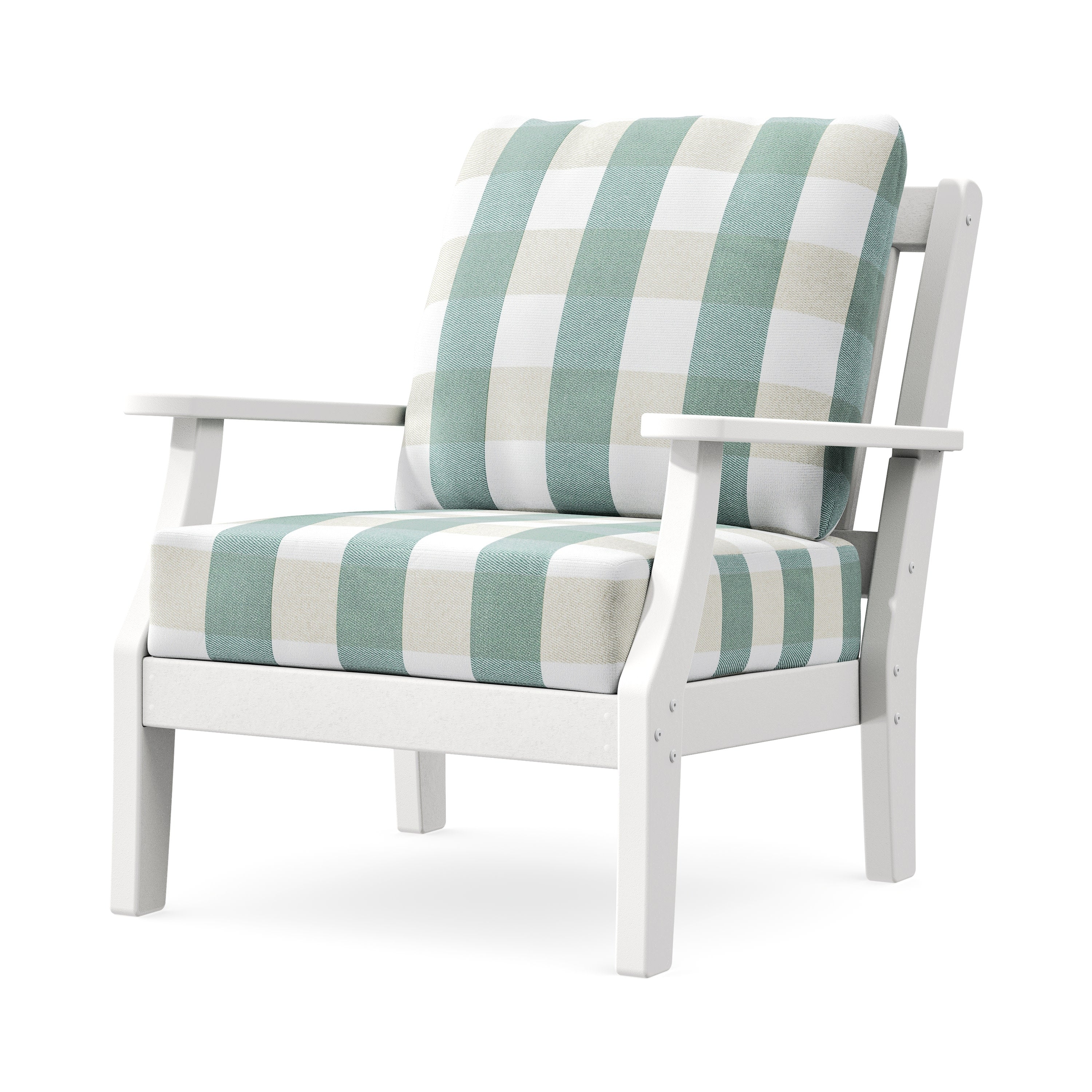Chinoiserie Deep Seating Chair in White / Buffalo Plaid Glacier Spa