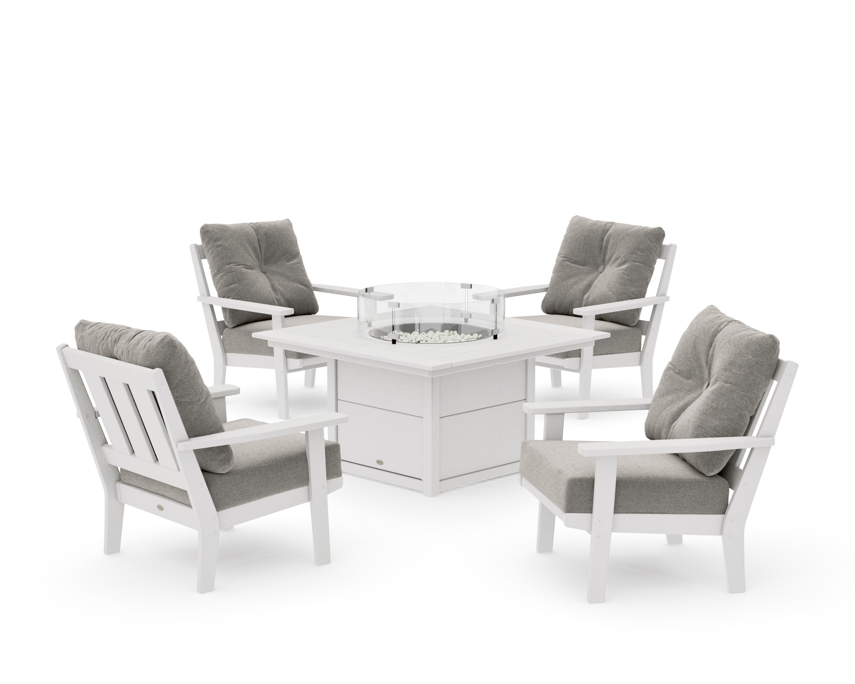 Oxford 5-Piece Deep Seating Set with Fire Pit Table in Vintage White / Weathered Tweed