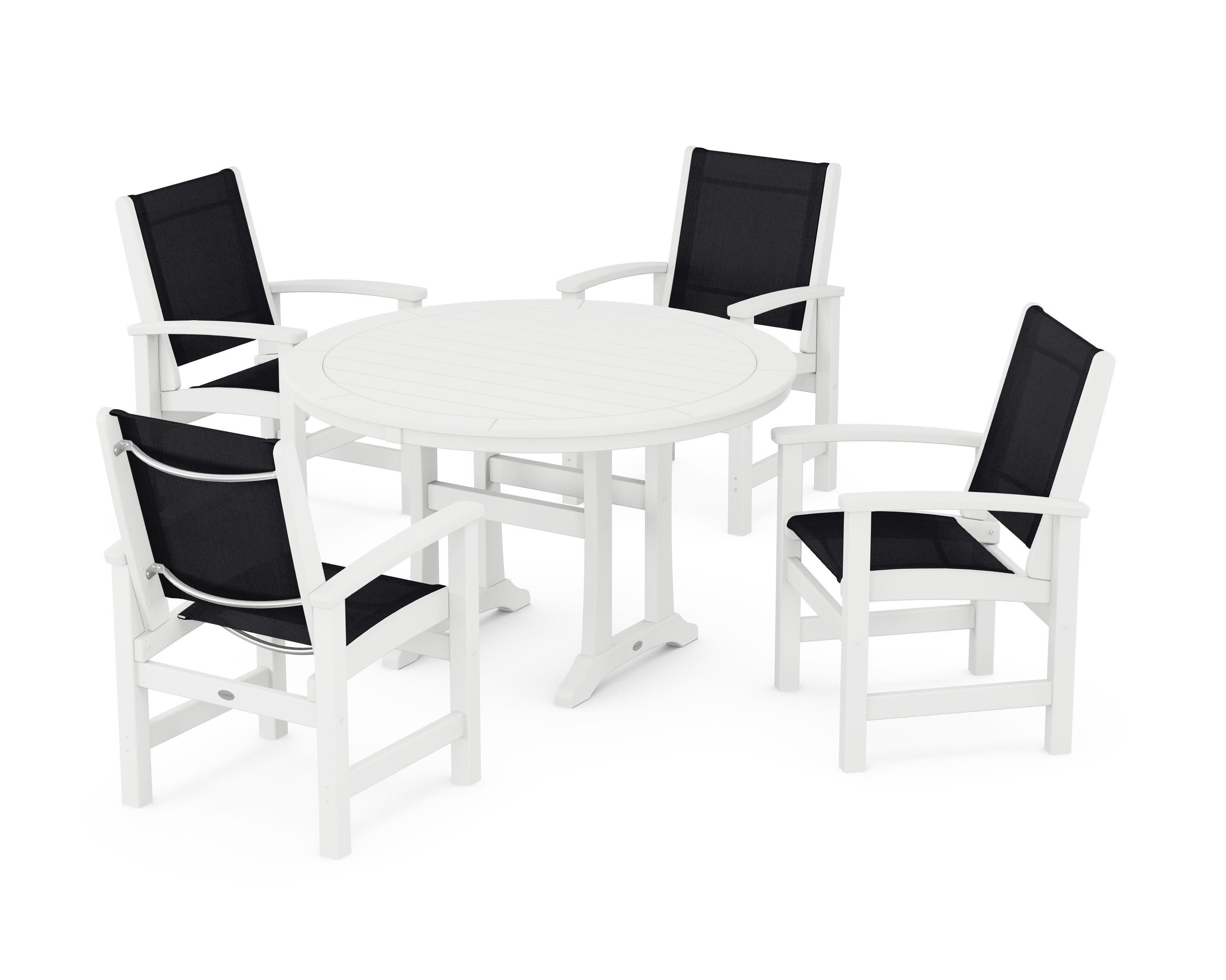 Coastal 5-Piece Round Dining Set with Trestle Legs in White / Black Sling