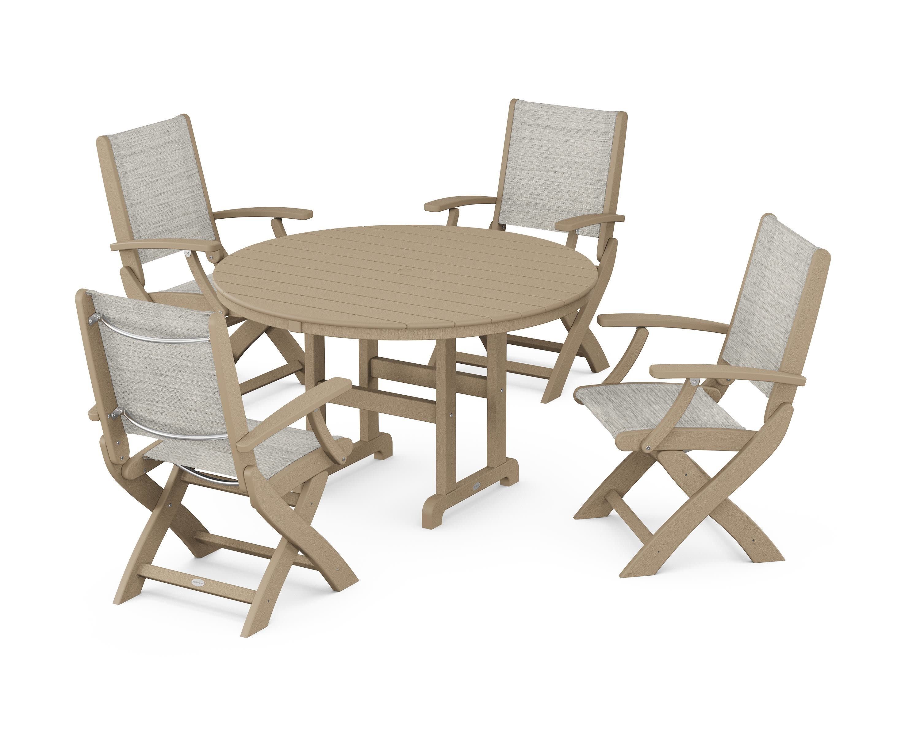Coastal Folding Chair 5-Piece Round Dining Set in Vintage Sahara / Birch Sling